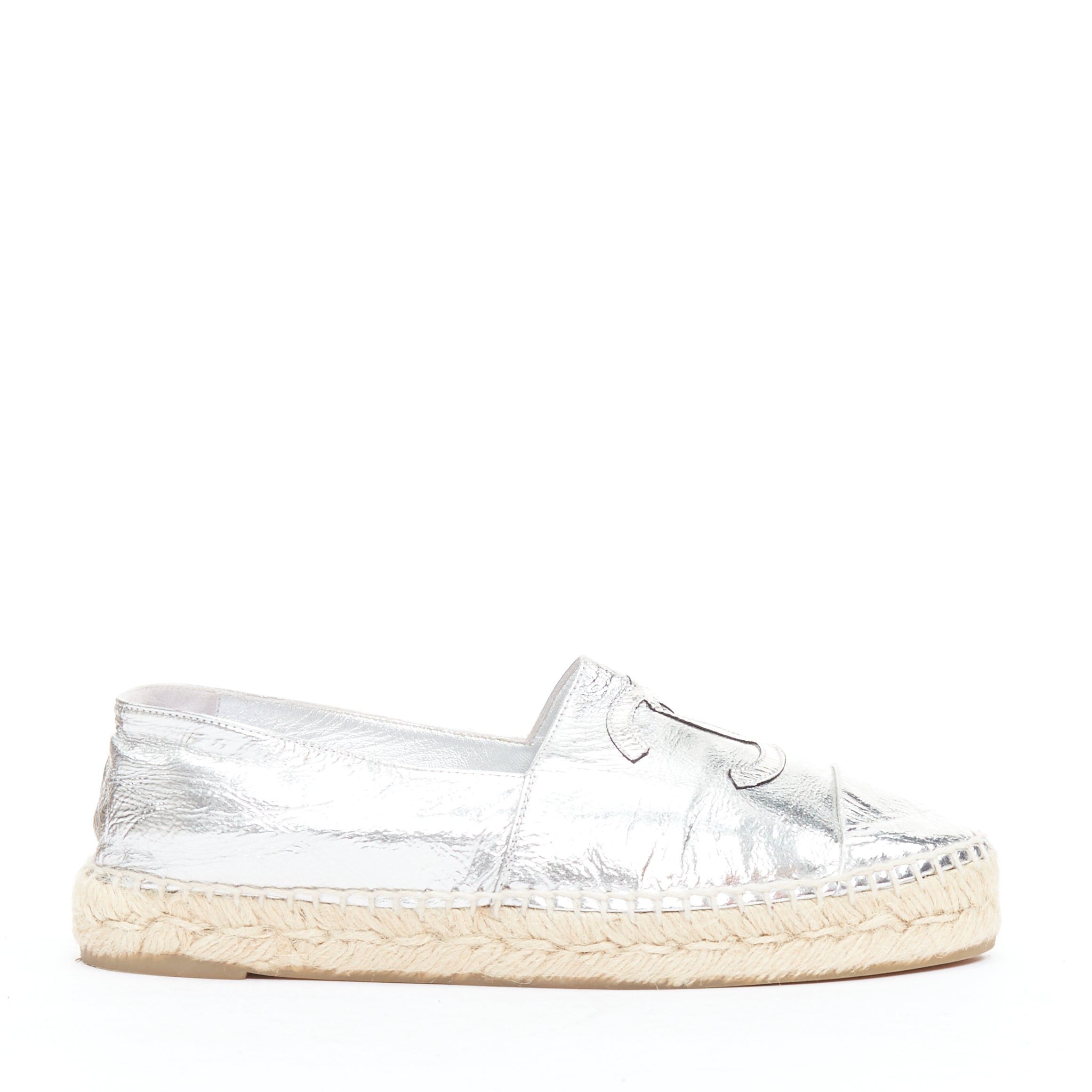 Chanel CHANEL metallic silver laminated goatskin CC logo jute espadrilles EU38 Size US 8 / IT 38 - 2 Thumbnail