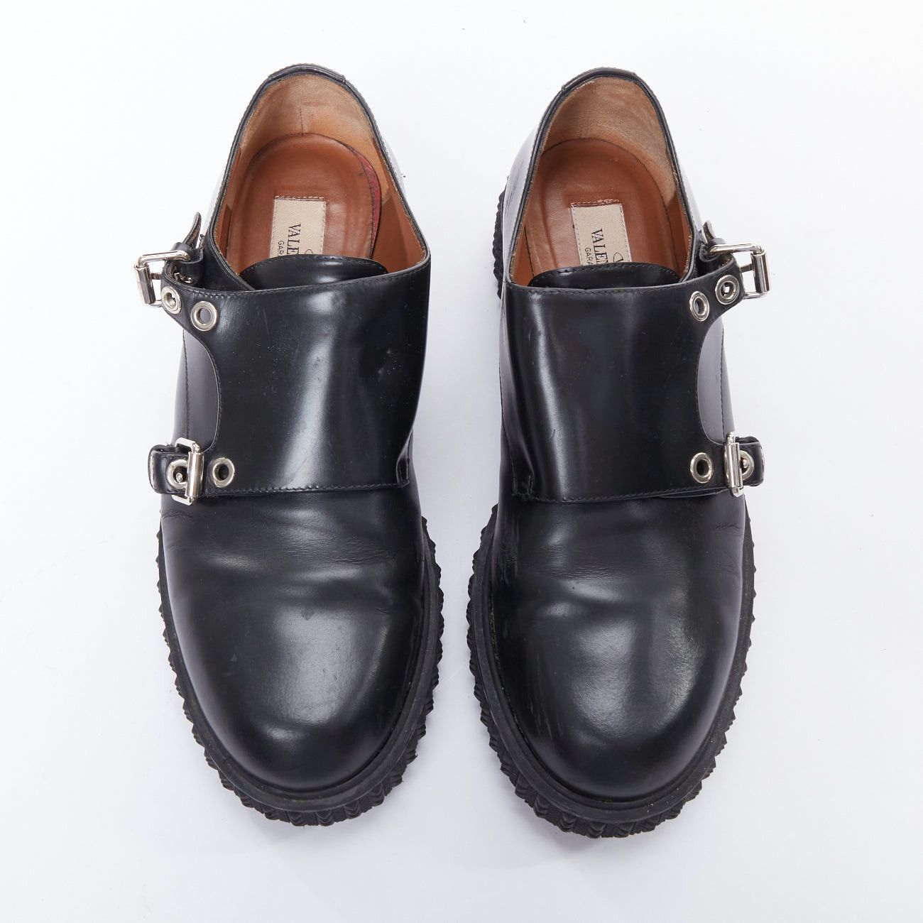 Valentino VALENTINO Rockstud black leather silver buckles stud midsole monk shoes EU38 Size US 8 / IT 38 - 3 Thumbnail