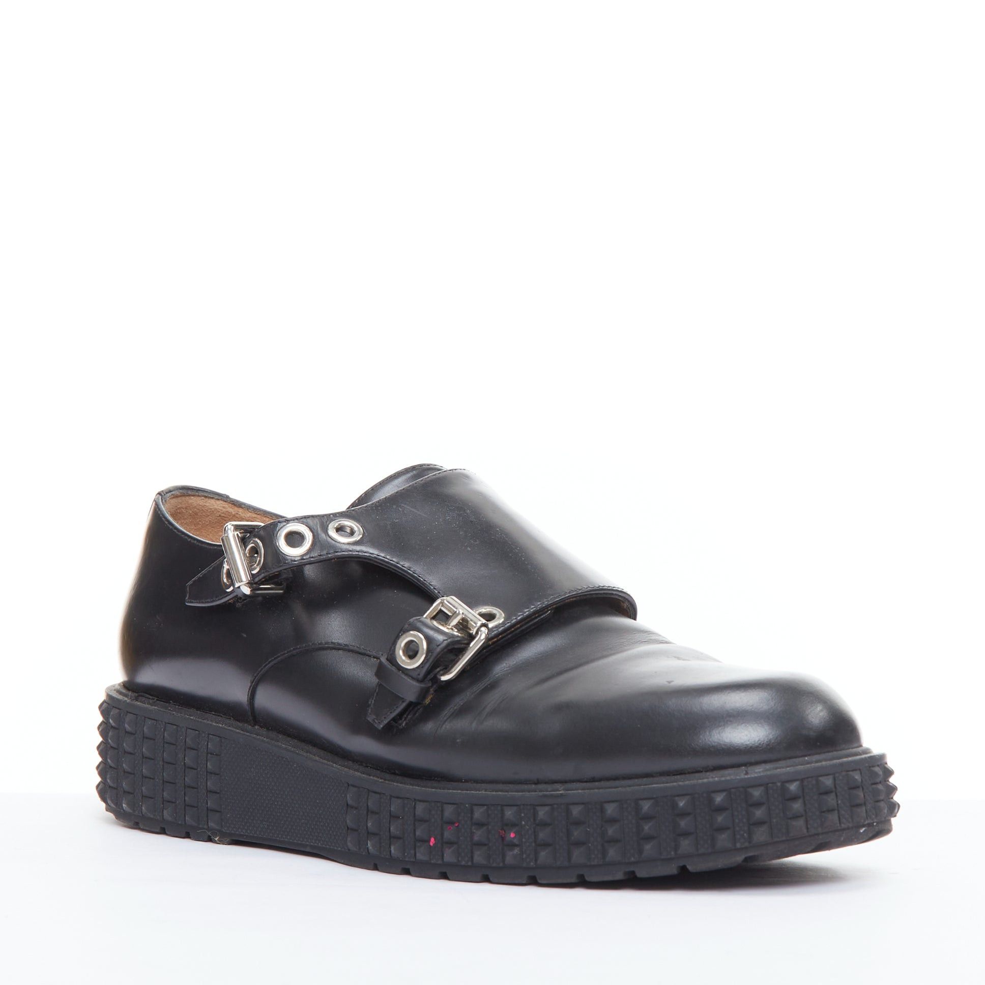 Valentino VALENTINO Rockstud black leather silver buckles stud midsole monk shoes EU38 Size US 8 / IT 38 - 2 Thumbnail
