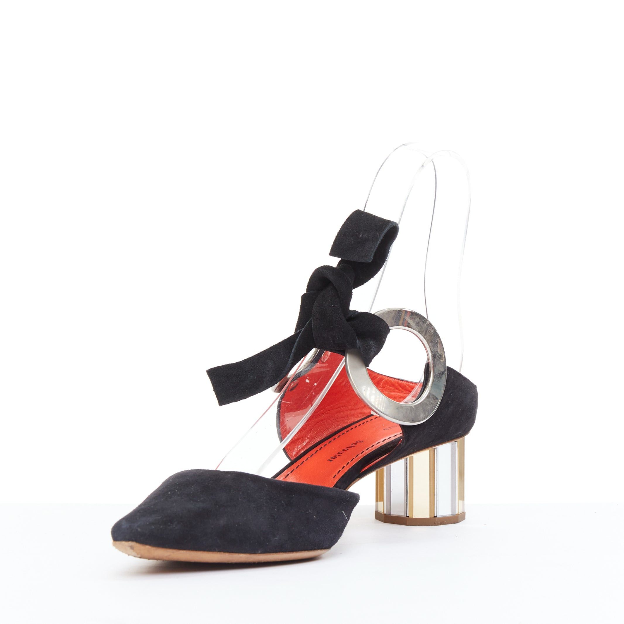 Proenza Schouler PROENZA SCHOULER Runway black suede leather silver block faceted pumps EU38 Size US 8 / IT 38 - 4 Thumbnail