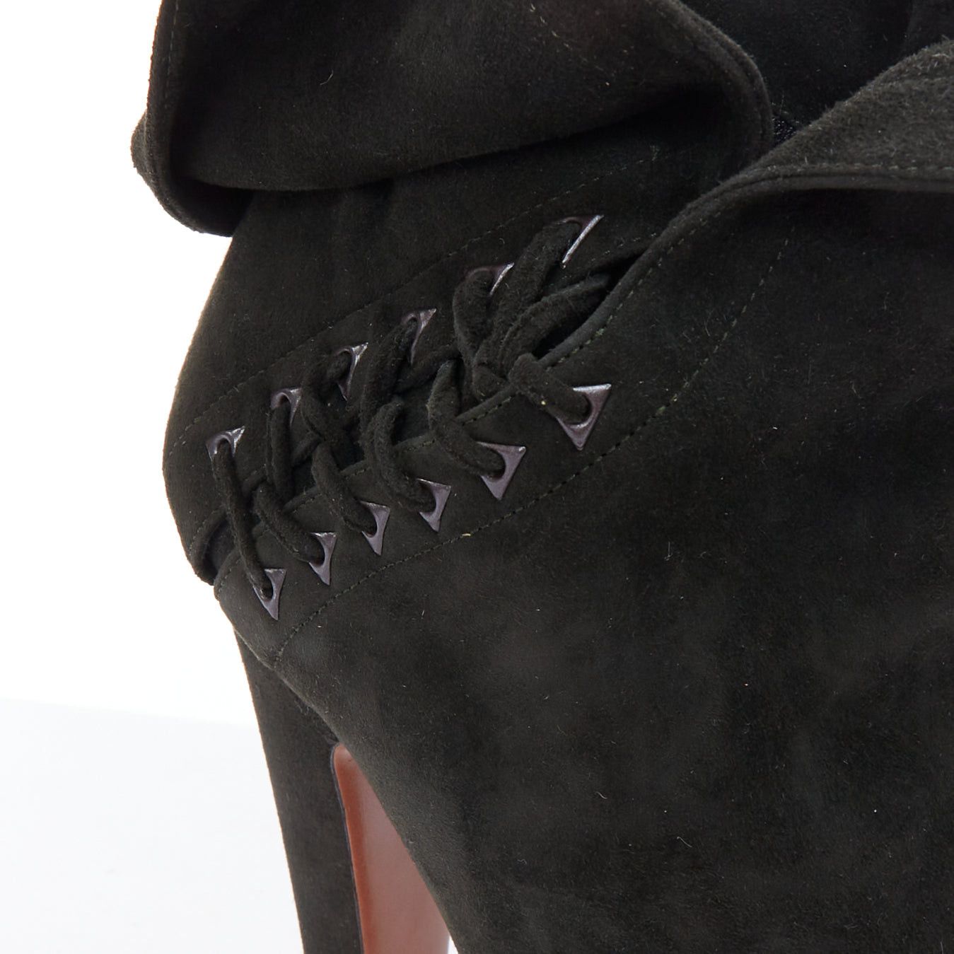 Alaia ALAIA dark green suede foldover lace up side cone heel booties EU38 Size US 8 / IT 38 - 8 Thumbnail