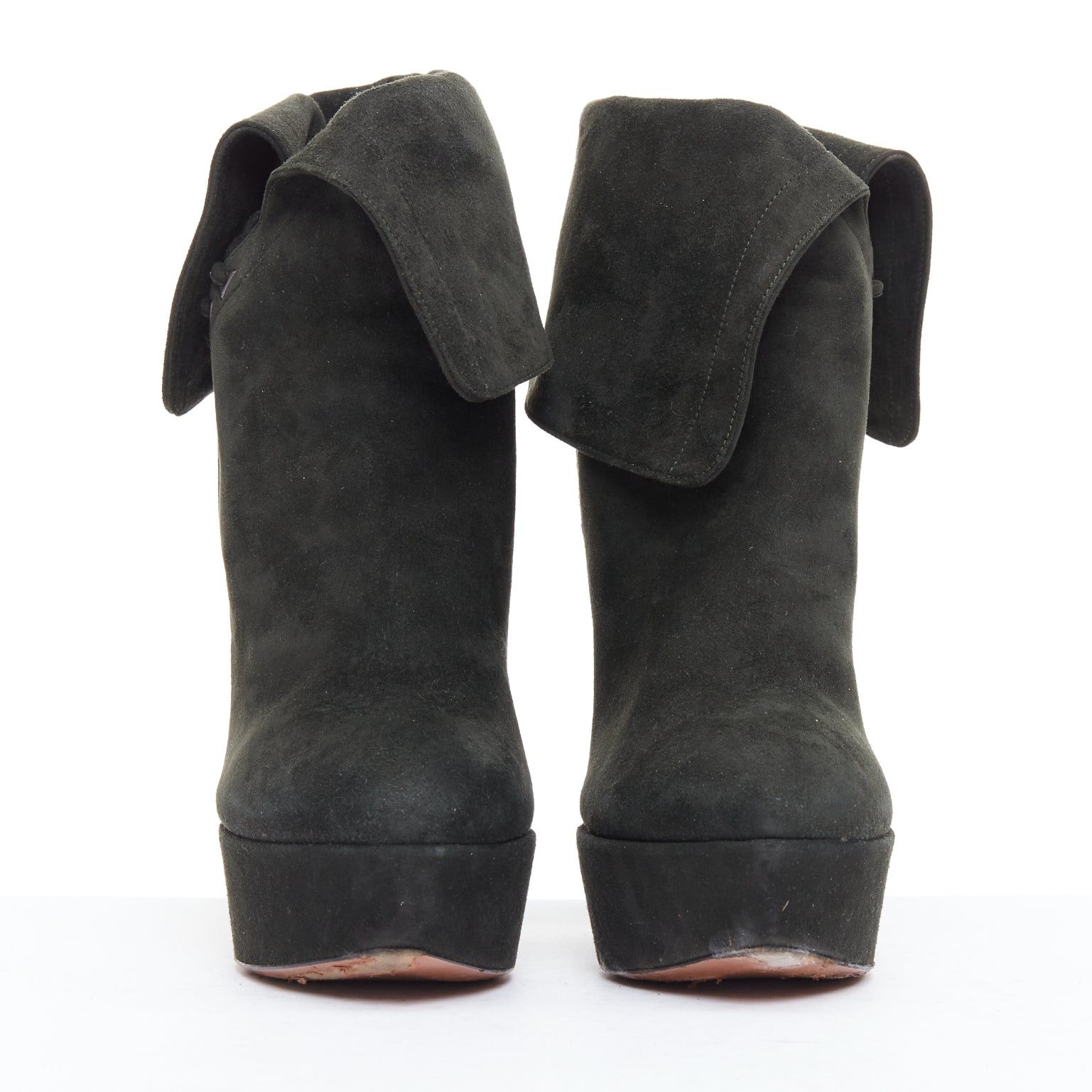 Alaia ALAIA dark green suede foldover lace up side cone heel booties EU38 Size US 8 / IT 38 - 3 Thumbnail