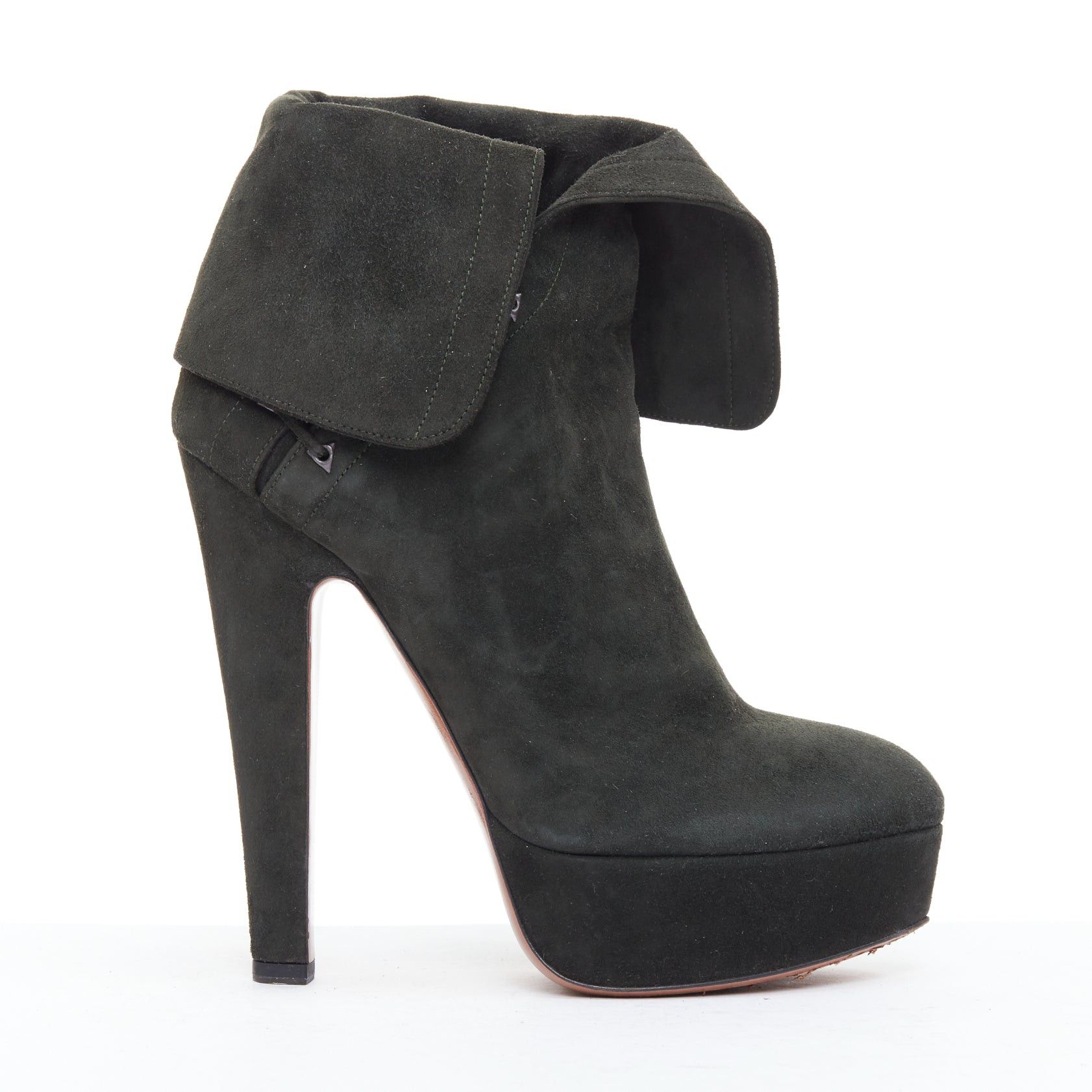 Alaia ALAIA dark green suede foldover lace up side cone heel booties EU38 Size US 8 / IT 38 - 2 Thumbnail