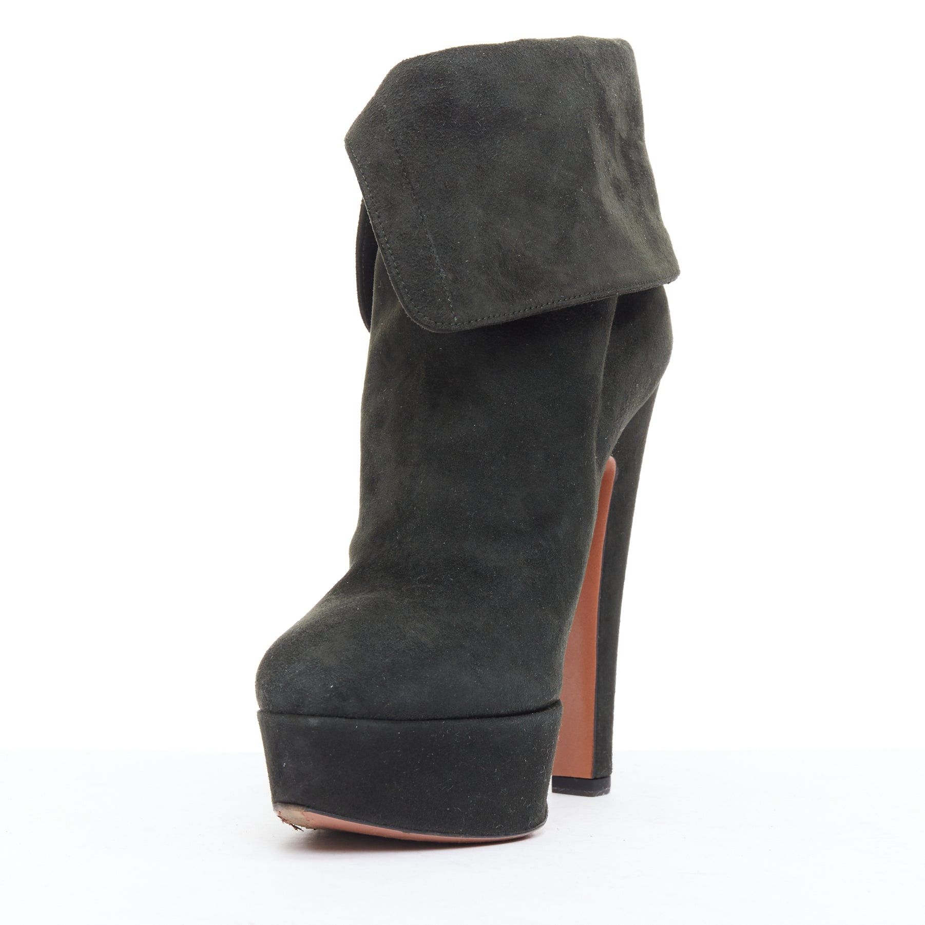 Alaia ALAIA dark green suede foldover lace up side cone heel booties EU38 Size US 8 / IT 38 - 4 Thumbnail