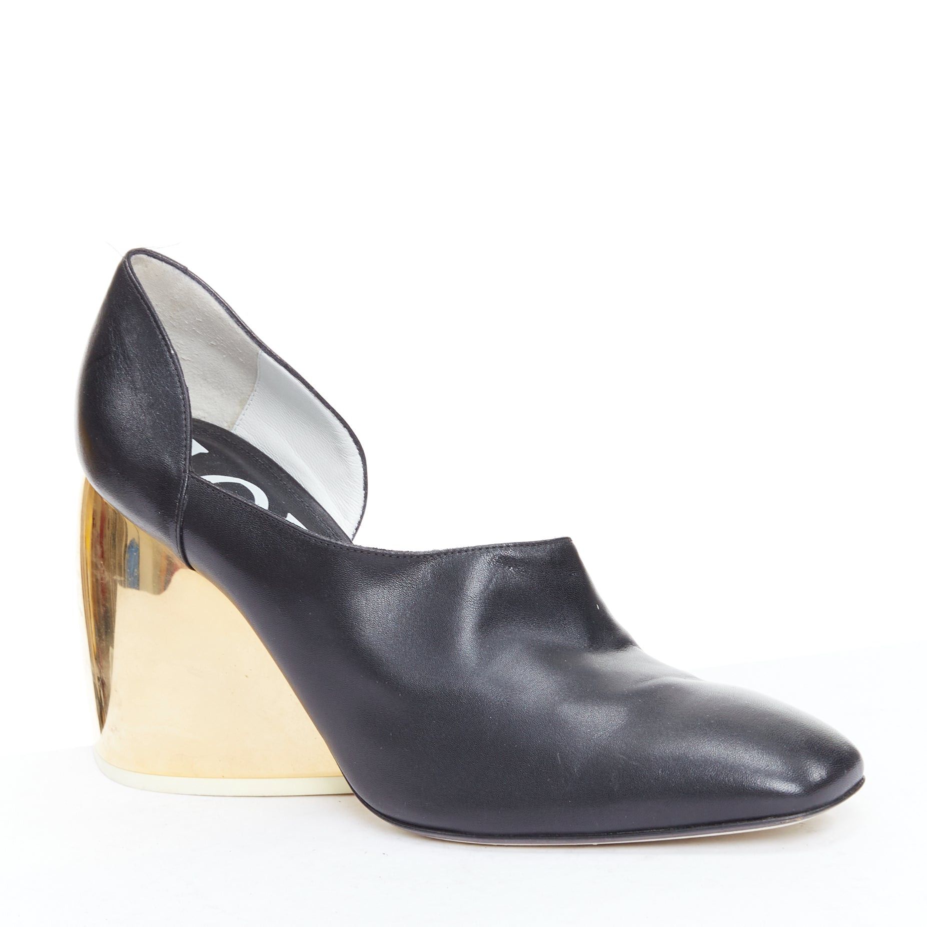 Loewe LOEWE gold curved heel black leather slip on heeled shoes EU39 Size US 9 / IT 39 - 2 Thumbnail