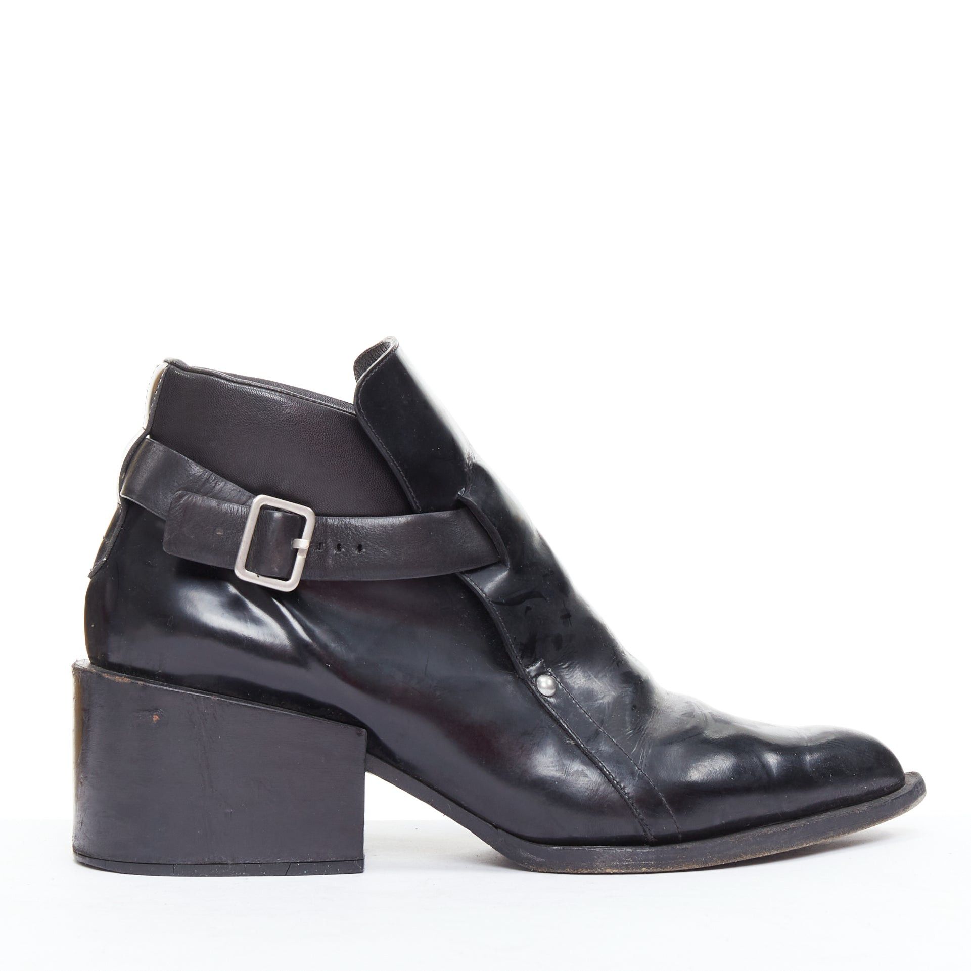 Jil Sander JIL SANDER black leather silver buckle block heel ankle boots EU38 Size US 8 / IT 38 - 2 Thumbnail