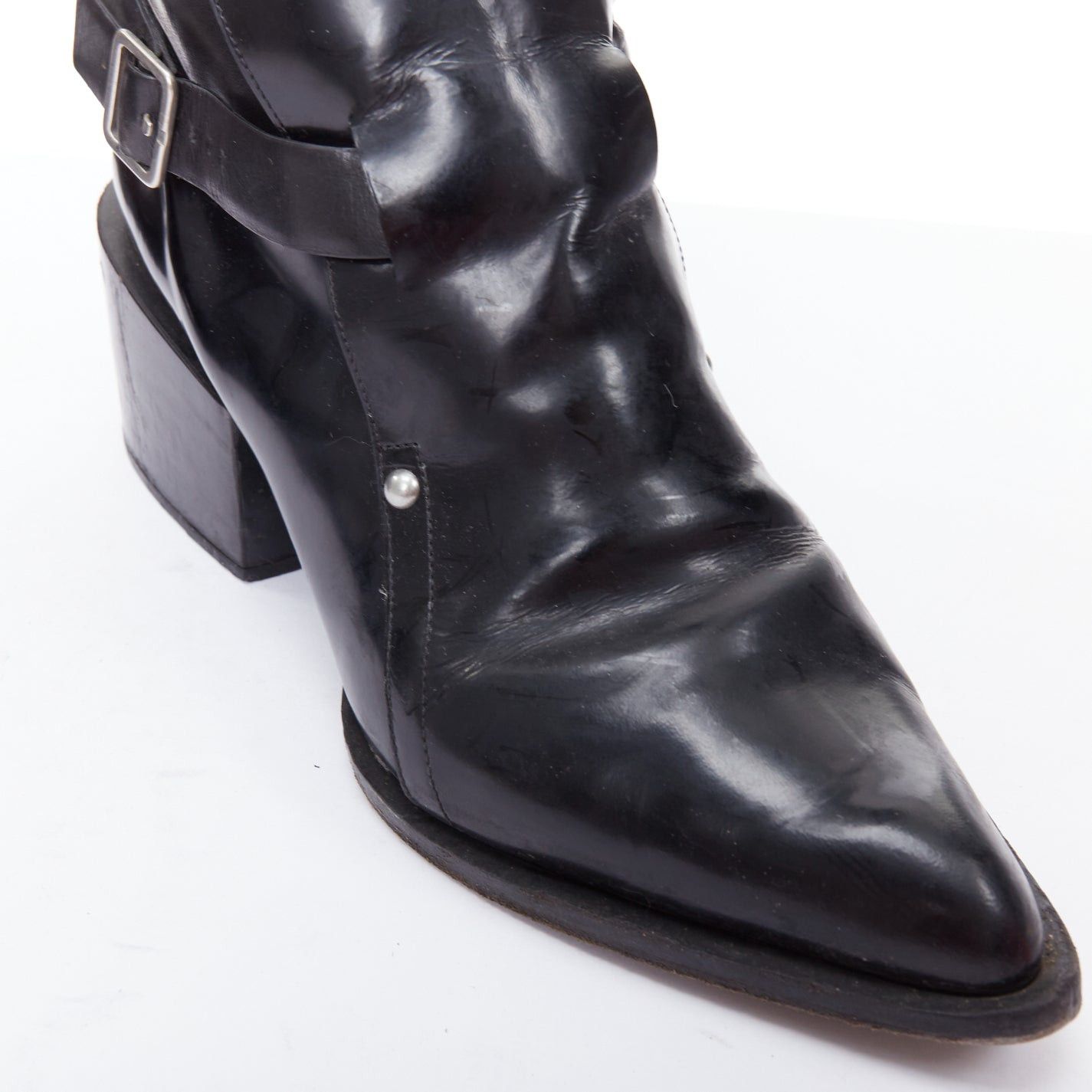 Jil Sander JIL SANDER black leather silver buckle block heel ankle boots EU38 Size US 8 / IT 38 - 7 Thumbnail