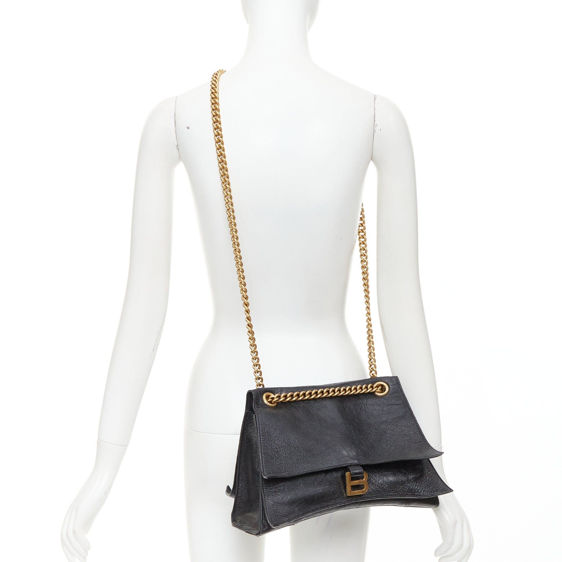 Balenciaga BALENCIAGA Crush Medum black textured leather gold B chain flap shoulder bag Size ONE SIZE - 2 Thumbnail