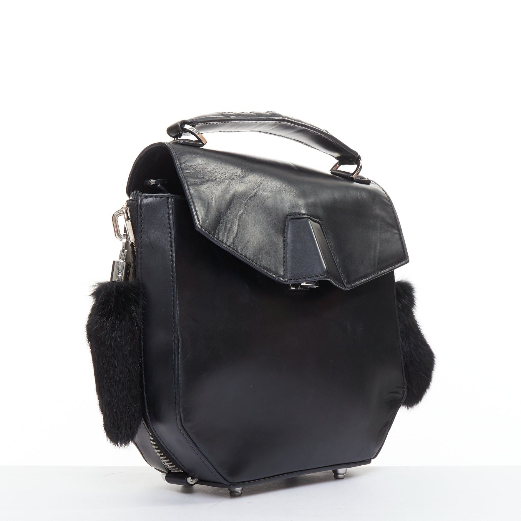 Alexander Wang ALEXANDER WANG Devere black rabbit fur trim geometric structural bag Size ONE SIZE - 3 Thumbnail