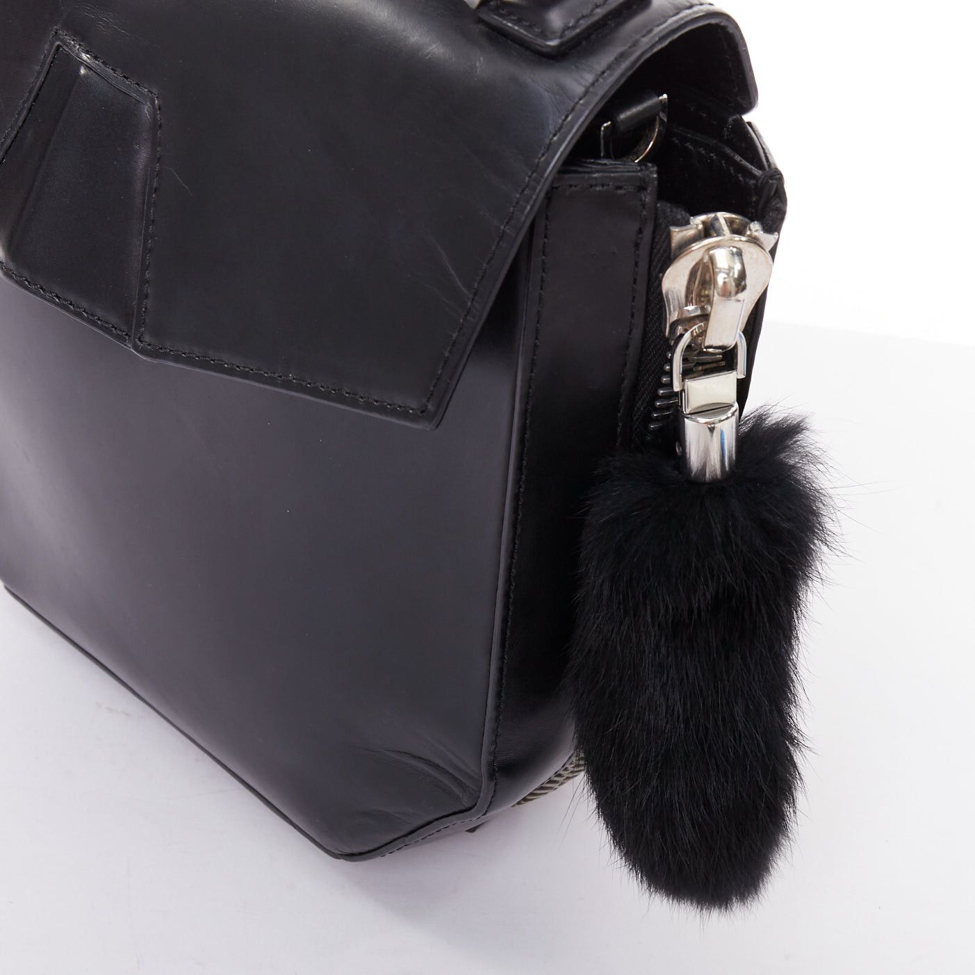 Alexander Wang ALEXANDER WANG Devere black rabbit fur trim geometric structural bag Size ONE SIZE - 8 Thumbnail