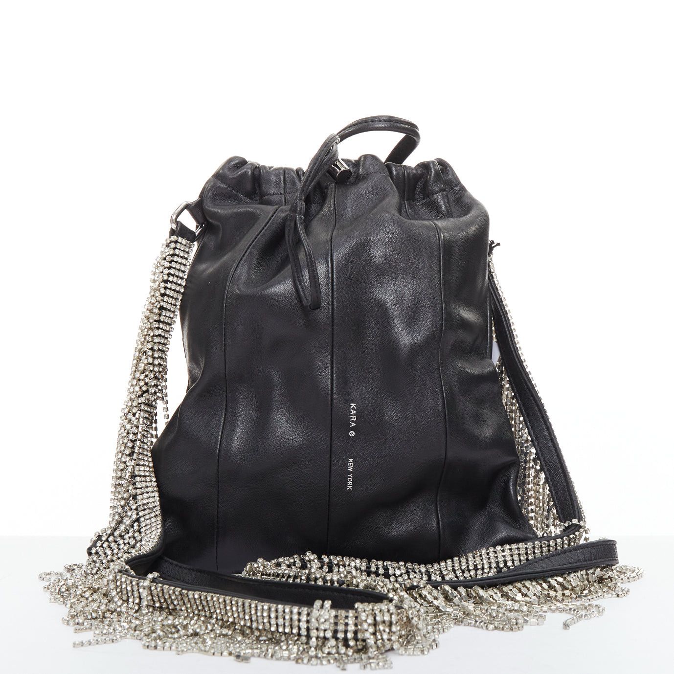 KARA KARA black leather white logo strass fringe crystal mini backpack bag Size ONE SIZE - 2 Thumbnail