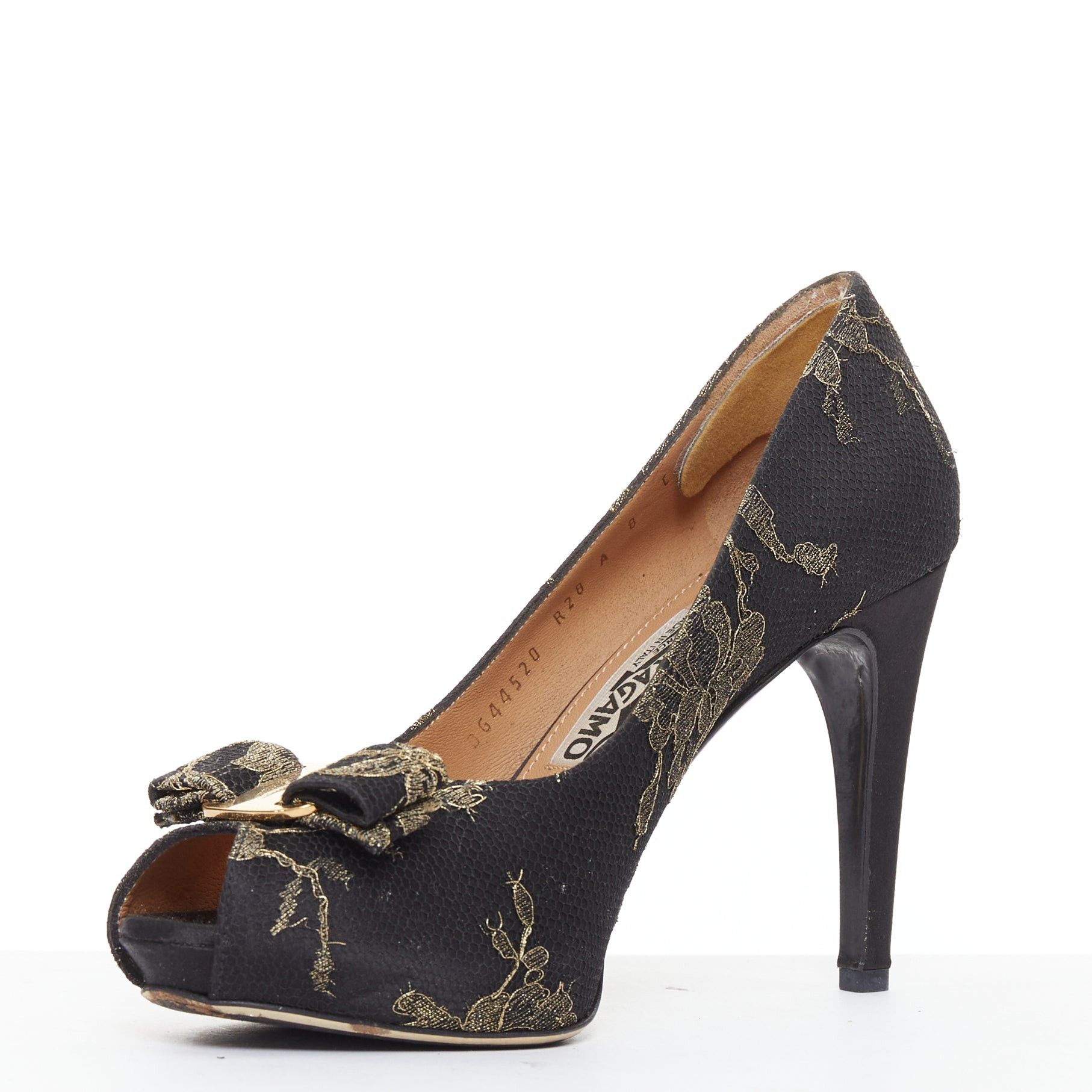 Salvatore Ferragamo SALVATORE FERRAGAMO Teodora black gold lace Vera bow peep toe pumps Size.8 Size US 10.5 / IT 40.5 - 4 Thumbnail