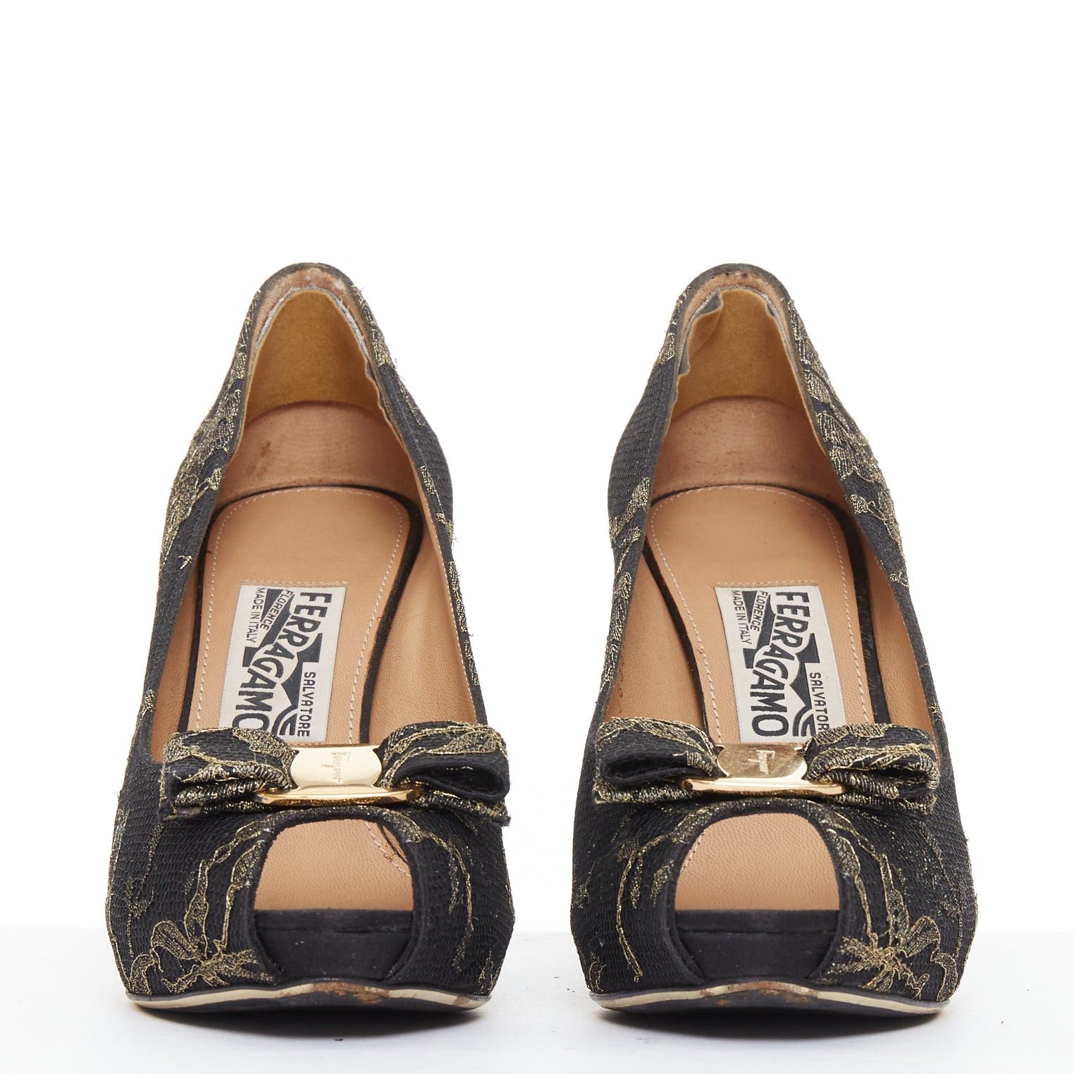 Salvatore Ferragamo SALVATORE FERRAGAMO Teodora black gold lace Vera bow peep toe pumps Size.8 Size US 10.5 / IT 40.5 - 3 Thumbnail
