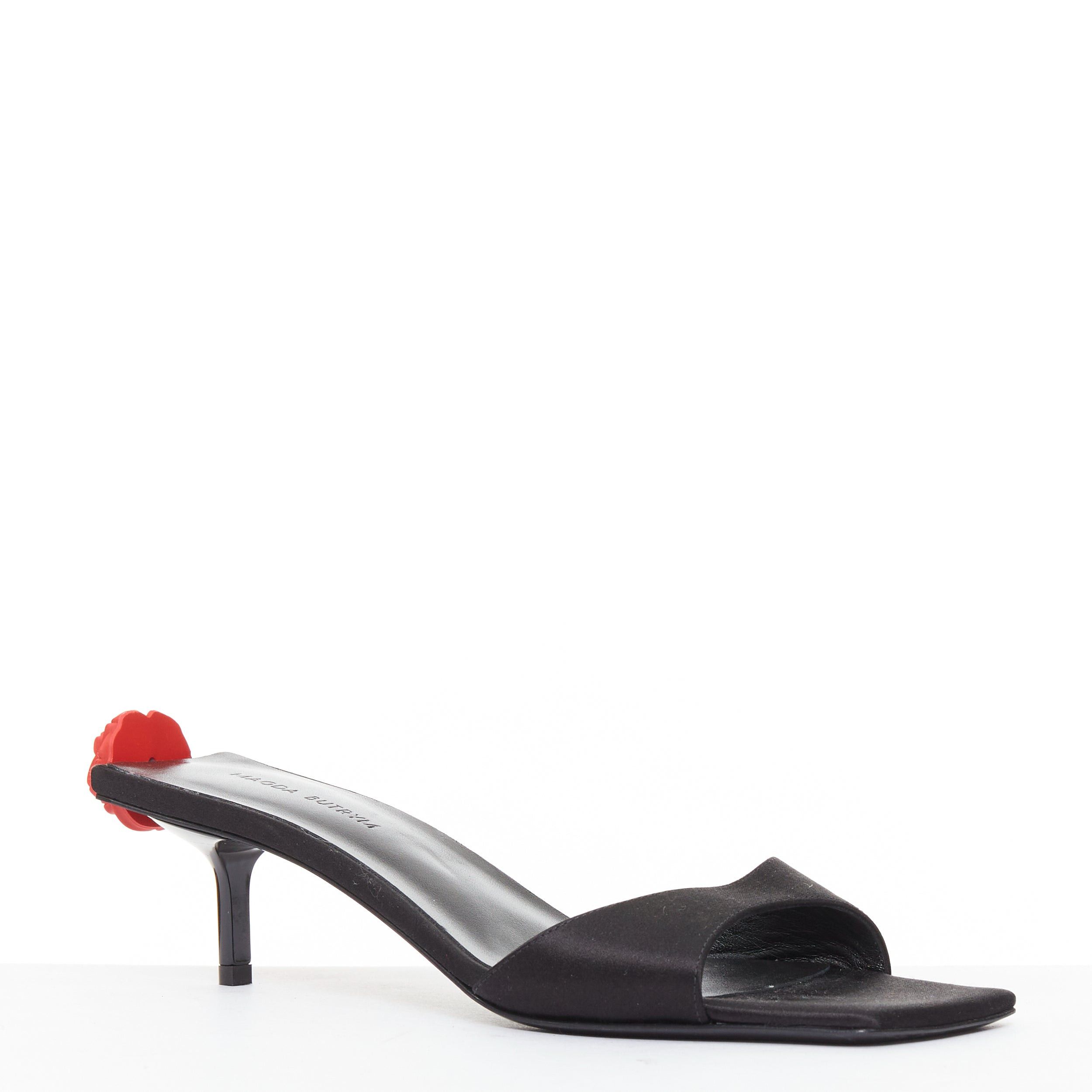 Magda Butrym MAGDA BUTRYM red floral black satin embellished mid mule heels EU37.5 Size US 7.5 / IT 37.5 - 3 Thumbnail