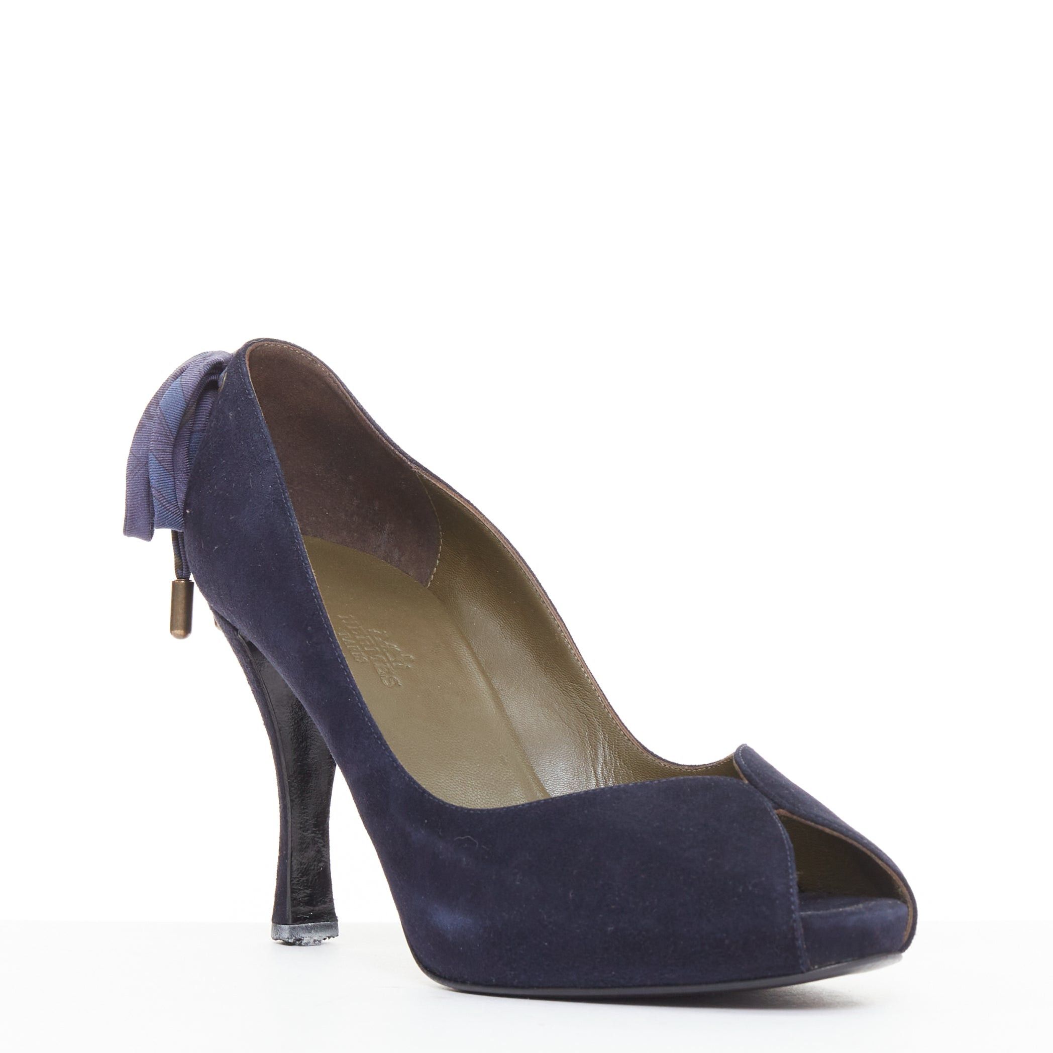 Hermes HERMES navy suede leather silk bow tie back spool heeled pumps EU37.5 Size US 7.5 / IT 37.5 - 2 Thumbnail