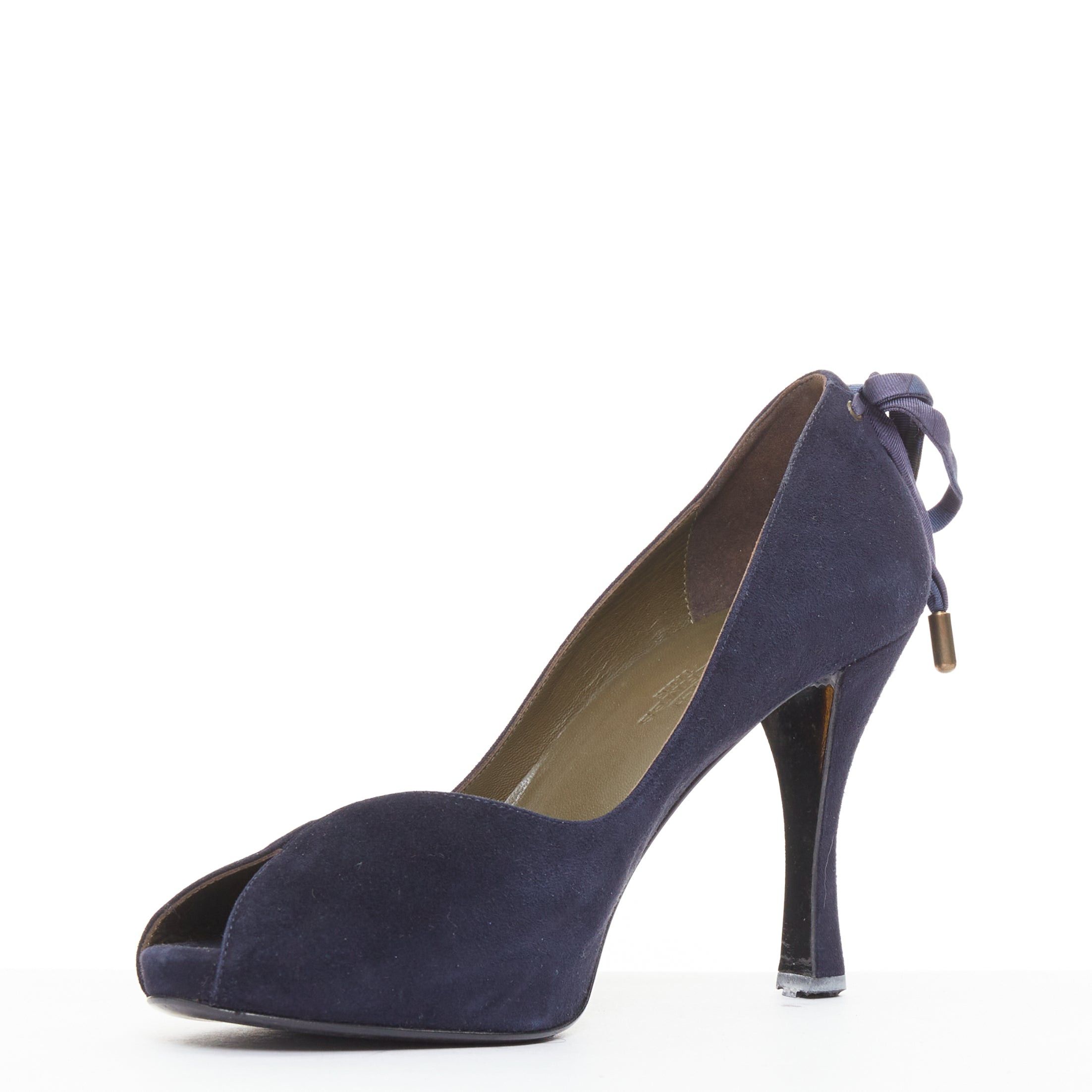 Hermes HERMES navy suede leather silk bow tie back spool heeled pumps EU37.5 Size US 7.5 / IT 37.5 - 4 Thumbnail