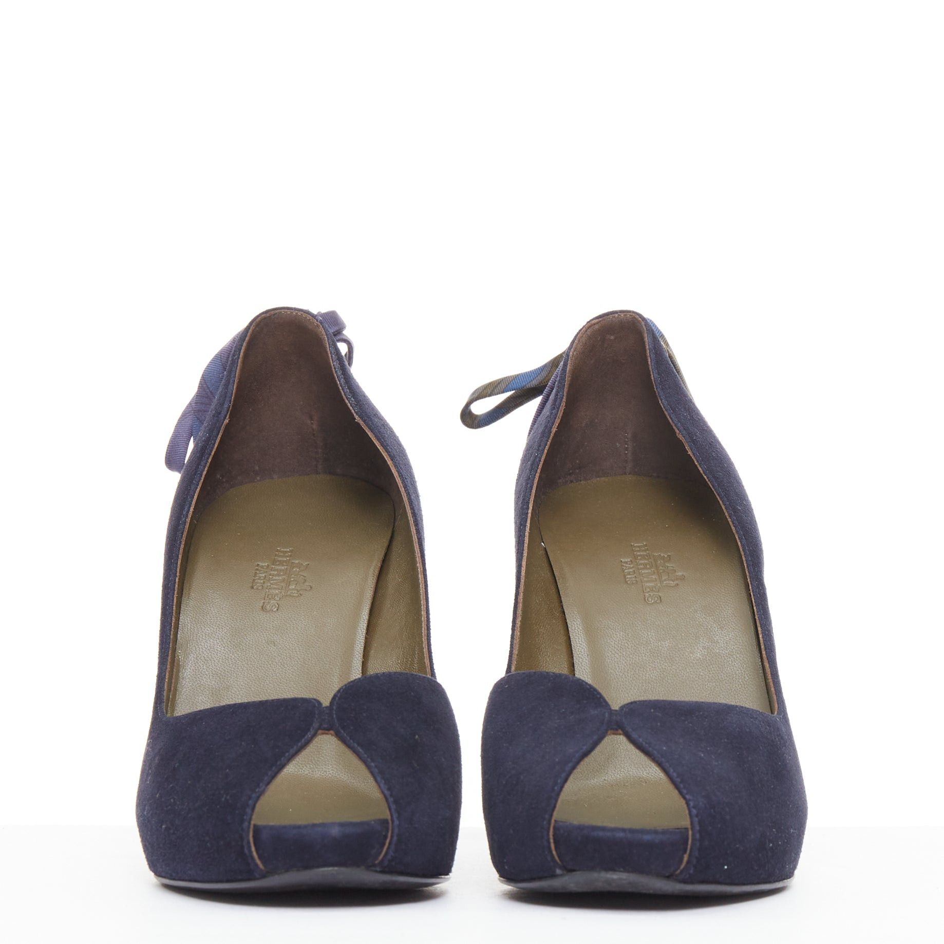Hermes HERMES navy suede leather silk bow tie back spool heeled pumps EU37.5 Size US 7.5 / IT 37.5 - 3 Thumbnail