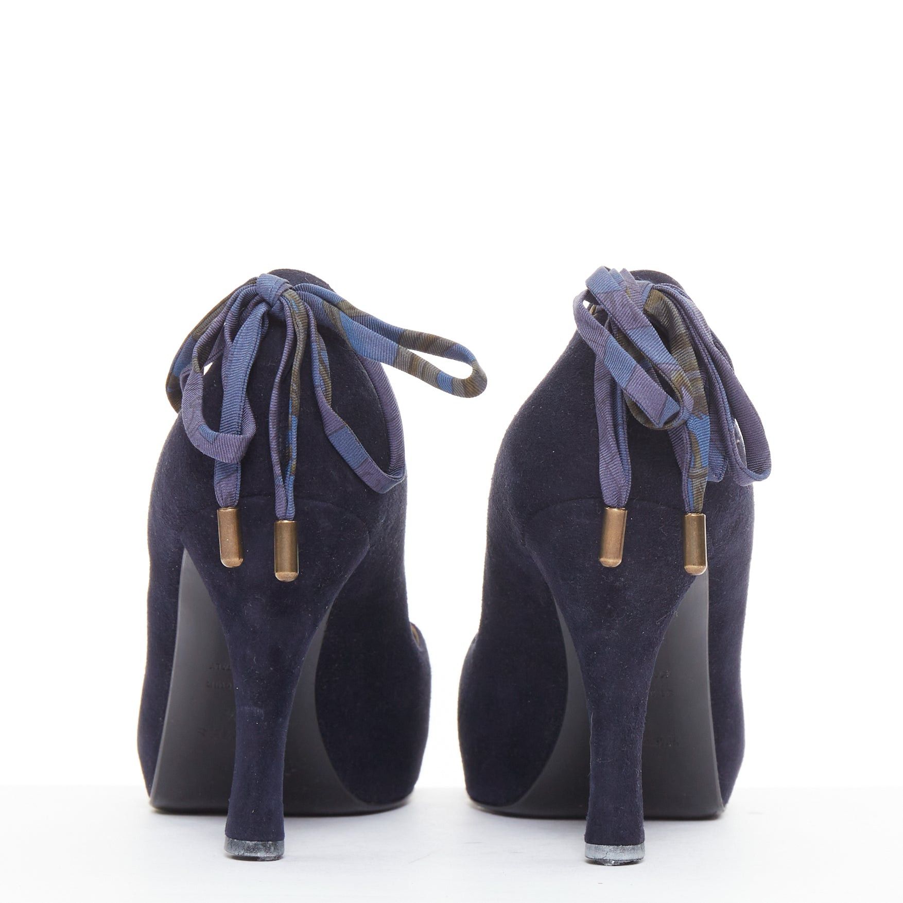 Hermes HERMES navy suede leather silk bow tie back spool heeled pumps EU37.5 Size US 7.5 / IT 37.5 - 5 Thumbnail