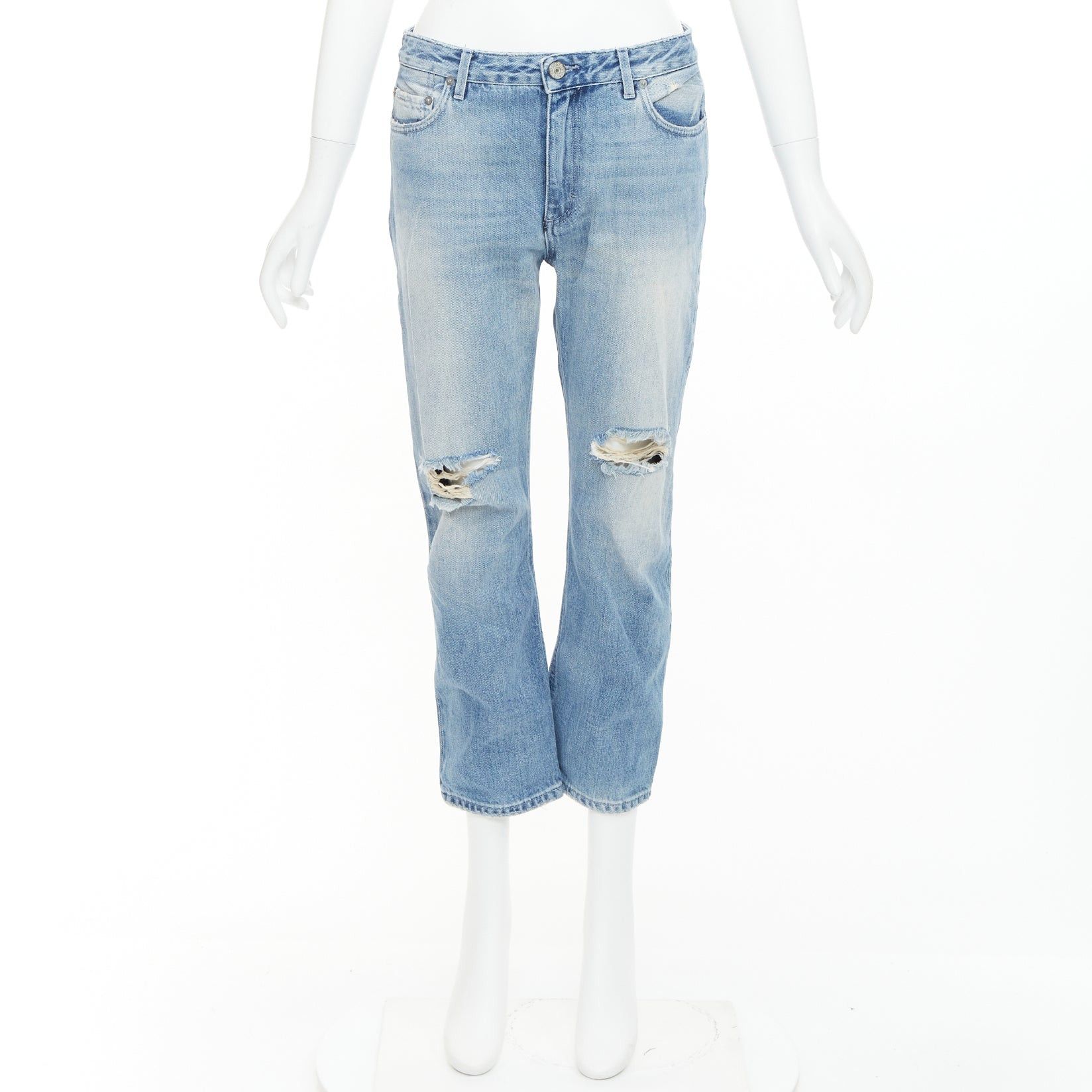 Acne Studios ACNE STUDIOS Pop Trash blue washed cotton ripped knees distressed back cropped jeans FR34 XS Size 26" / US 2 / IT 38 - 9 Thumbnail