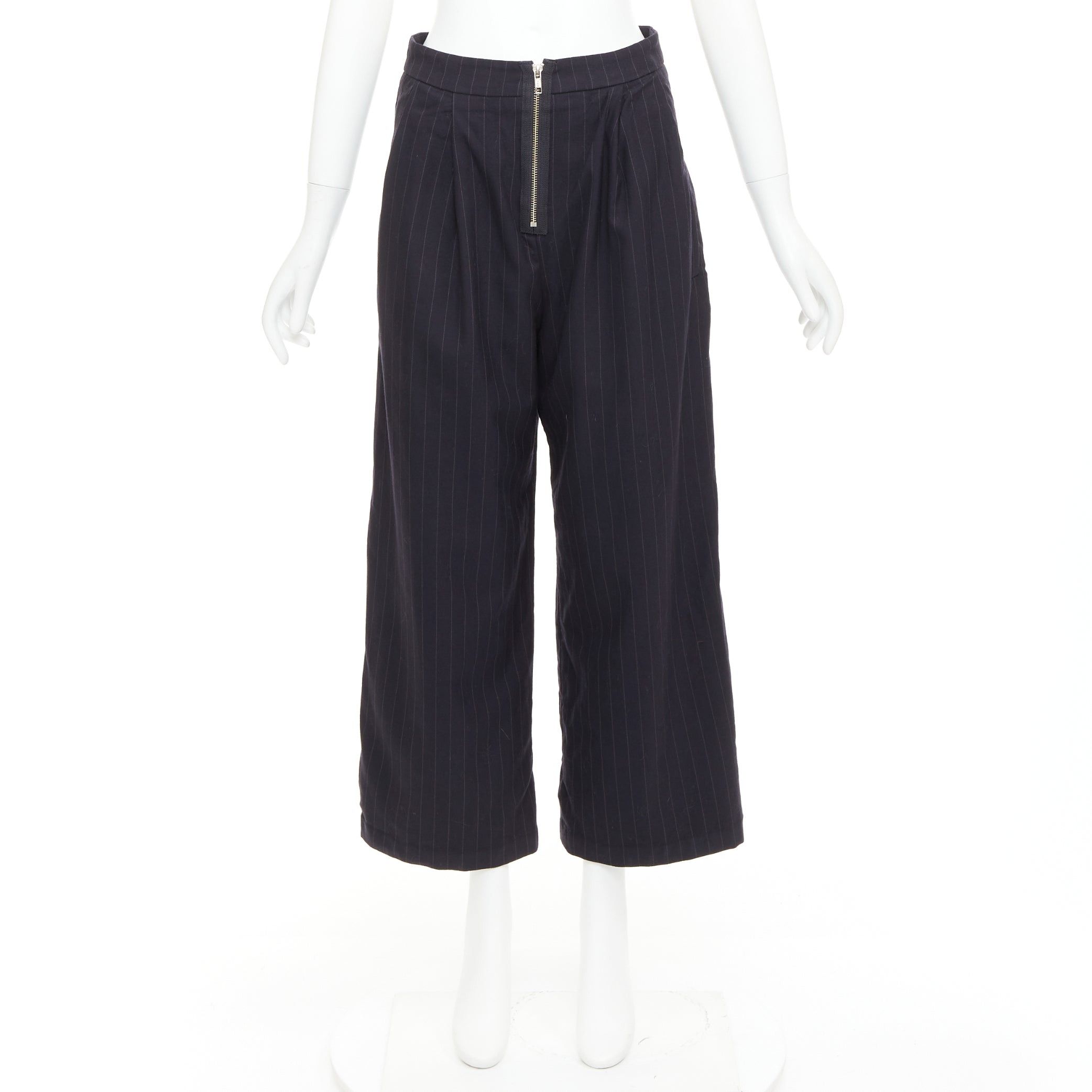 Reformation REFORMATION navy pinstripe surplus fabric silver zip fly wide pants US0 XS Size 27" / US 4 / IT 40 - 9 Thumbnail