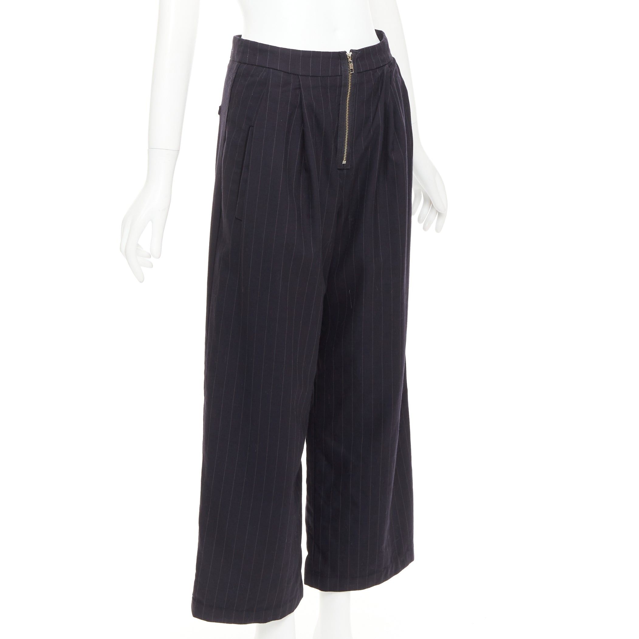 Reformation REFORMATION navy pinstripe surplus fabric silver zip fly wide pants US0 XS Size 27" / US 4 / IT 40 - 3 Thumbnail