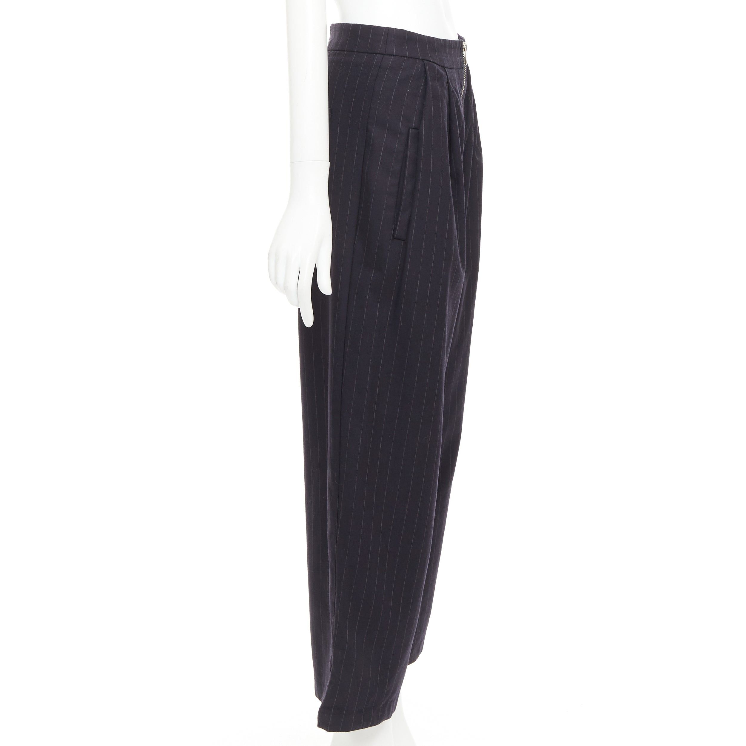 Reformation REFORMATION navy pinstripe surplus fabric silver zip fly wide pants US0 XS Size 27" / US 4 / IT 40 - 4 Thumbnail