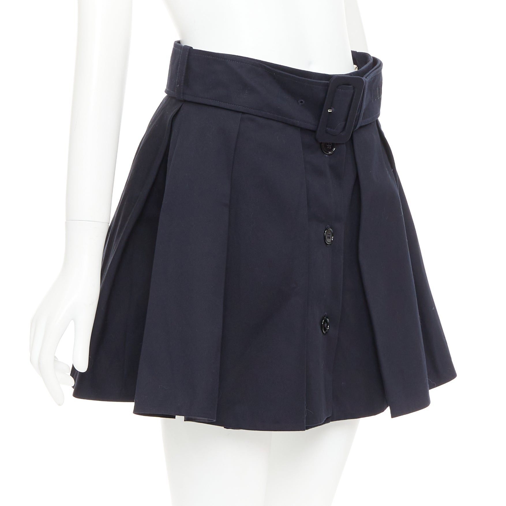 Patou PATOU navy cotton front button box pleat belted flared mini skirt FR38 M Size 28" / US 6 / IT 42 - 3 Thumbnail