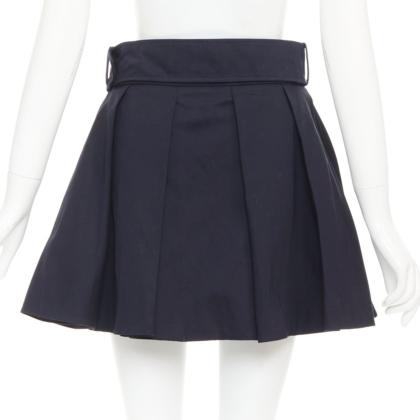 Patou PATOU navy cotton front button box pleat belted flared mini skirt FR38 M Size 28" / US 6 / IT 42 - 5 Thumbnail