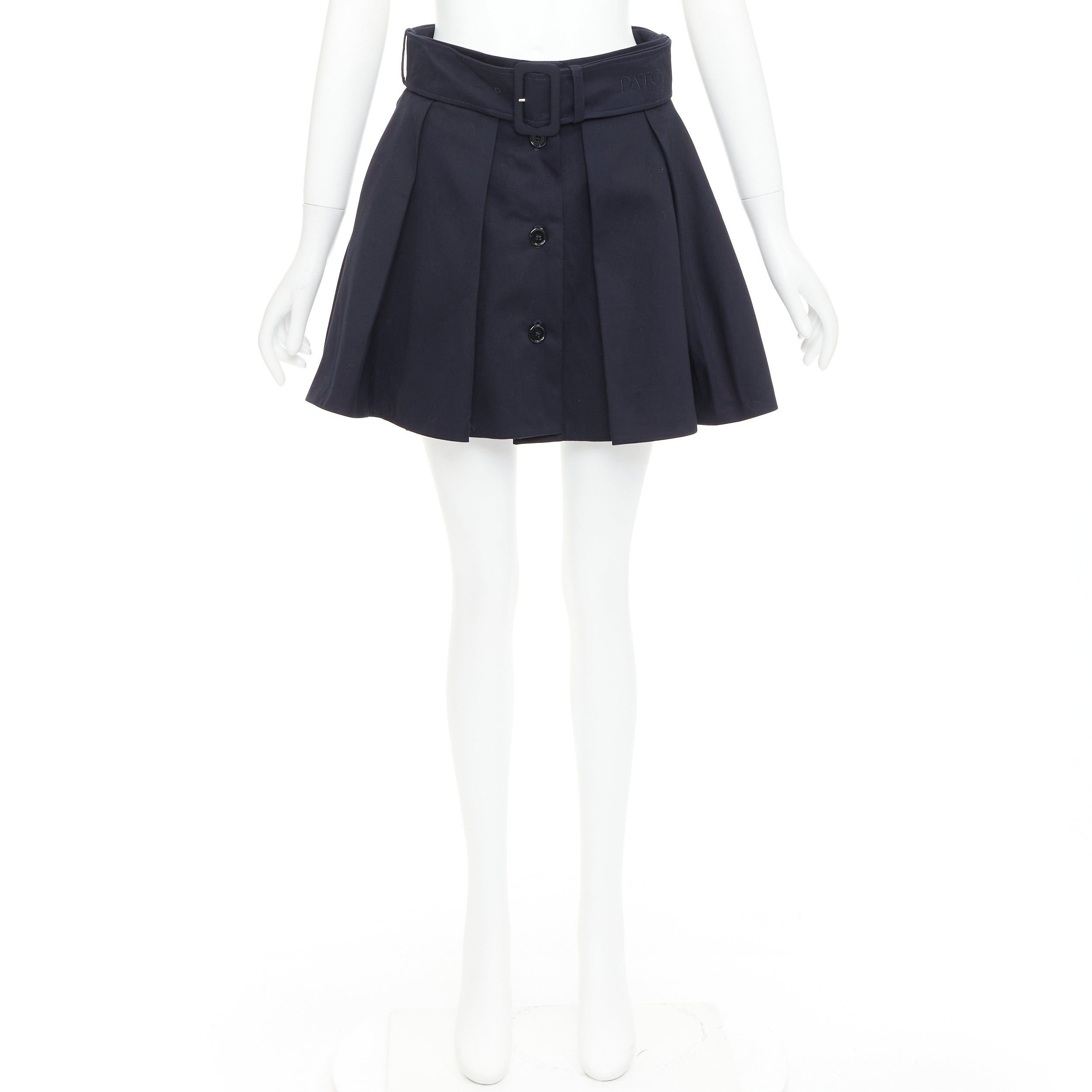 Patou PATOU navy cotton front button box pleat belted flared mini skirt FR38 M Size 28" / US 6 / IT 42 - 9 Thumbnail