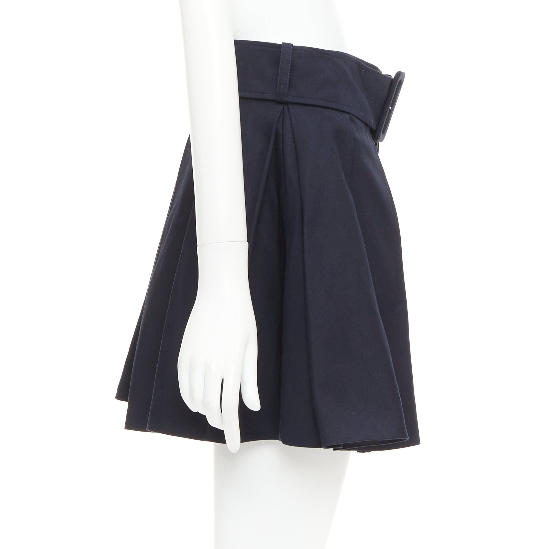 Patou PATOU navy cotton front button box pleat belted flared mini skirt FR38 M Size 28" / US 6 / IT 42 - 4 Thumbnail
