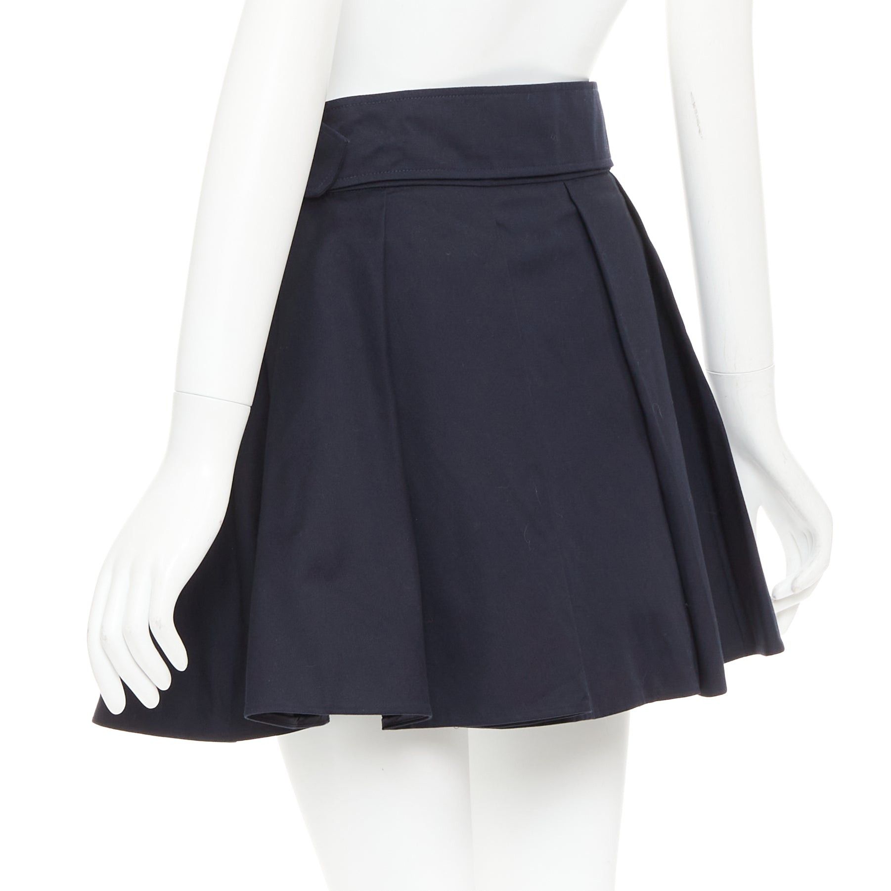 Patou PATOU navy cotton front button box pleat belted flared mini skirt FR38 M Size 28" / US 6 / IT 42 - 6 Thumbnail