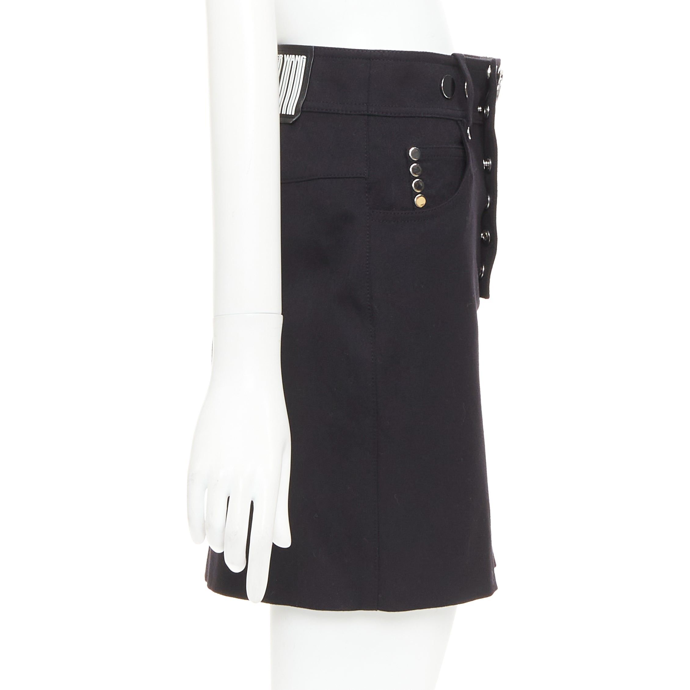 Alexander Wang ALEXANDER WANG black virgin wool mirrored silver snap buttons skirt US2 S Size 27" / US 4 / IT 40 - 4 Thumbnail