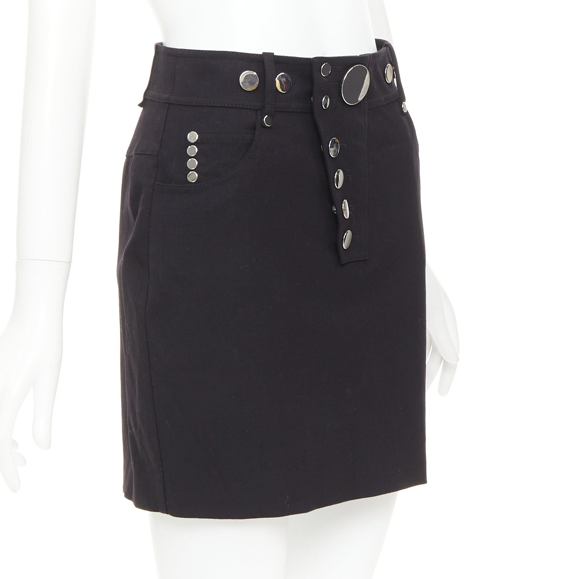Alexander Wang ALEXANDER WANG black virgin wool mirrored silver snap buttons skirt US2 S Size 27" / US 4 / IT 40 - 3 Thumbnail