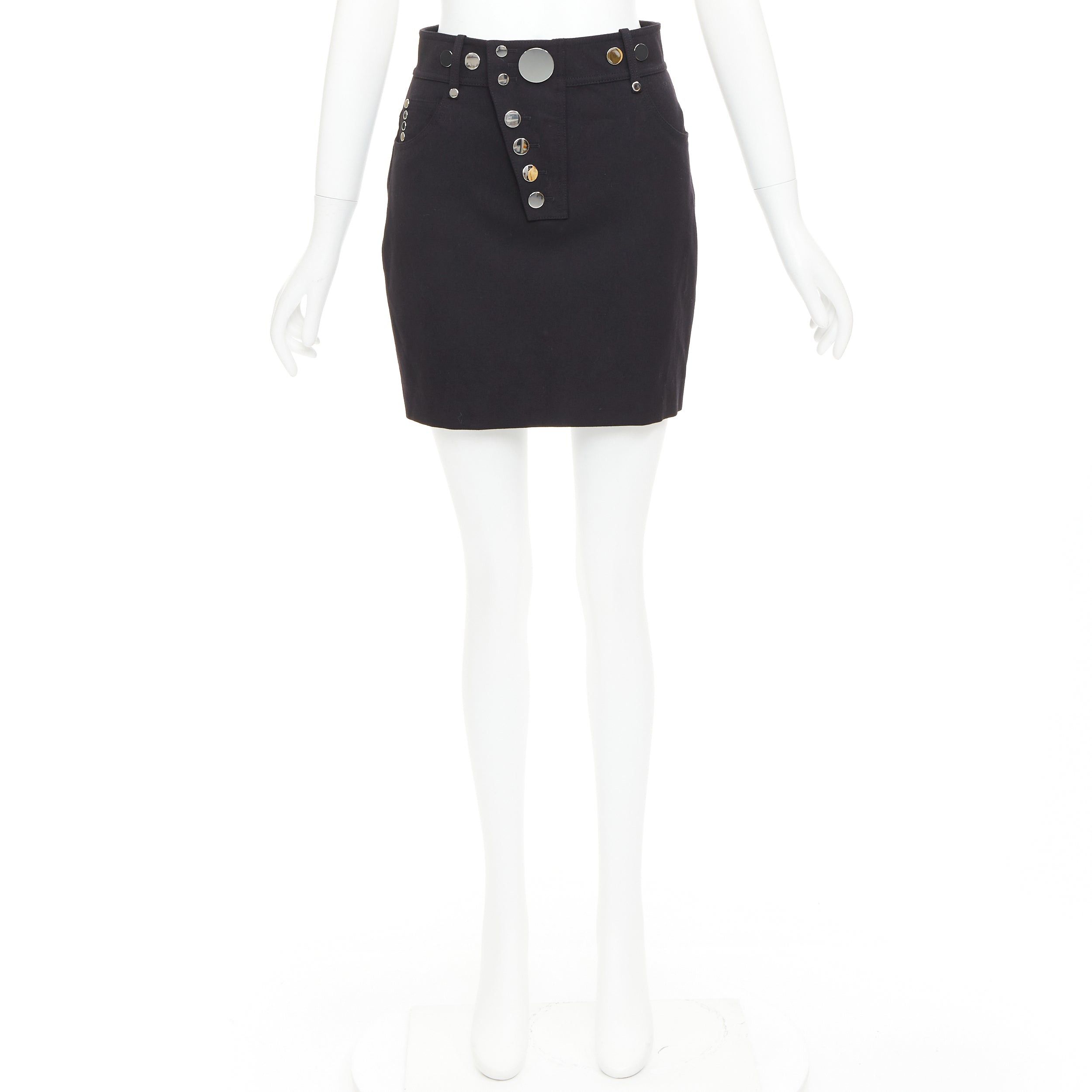 Alexander Wang ALEXANDER WANG black virgin wool mirrored silver snap buttons skirt US2 S Size 27" / US 4 / IT 40 - 9 Thumbnail