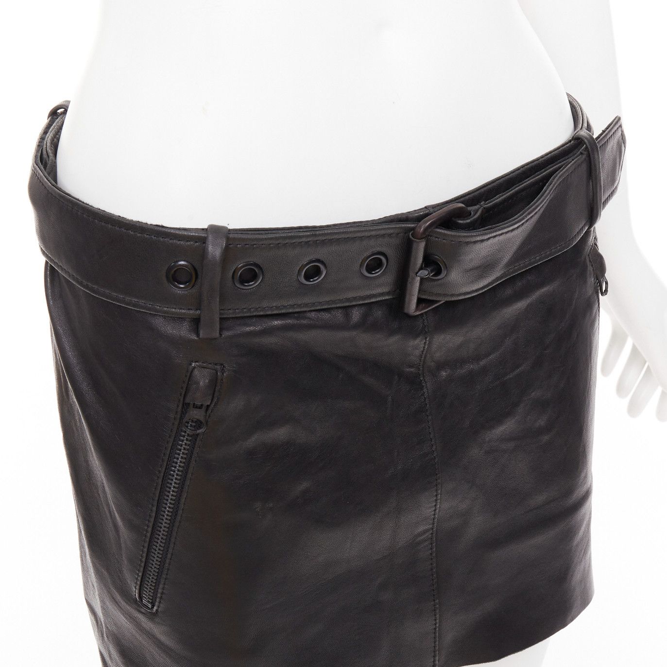 Acne Studios ACNE STUDIOS 2011 Mimi black tumbled lamb leather biker asymmetric skirt FR36 S Size 27" / US 4 / IT 40 - 2 Thumbnail