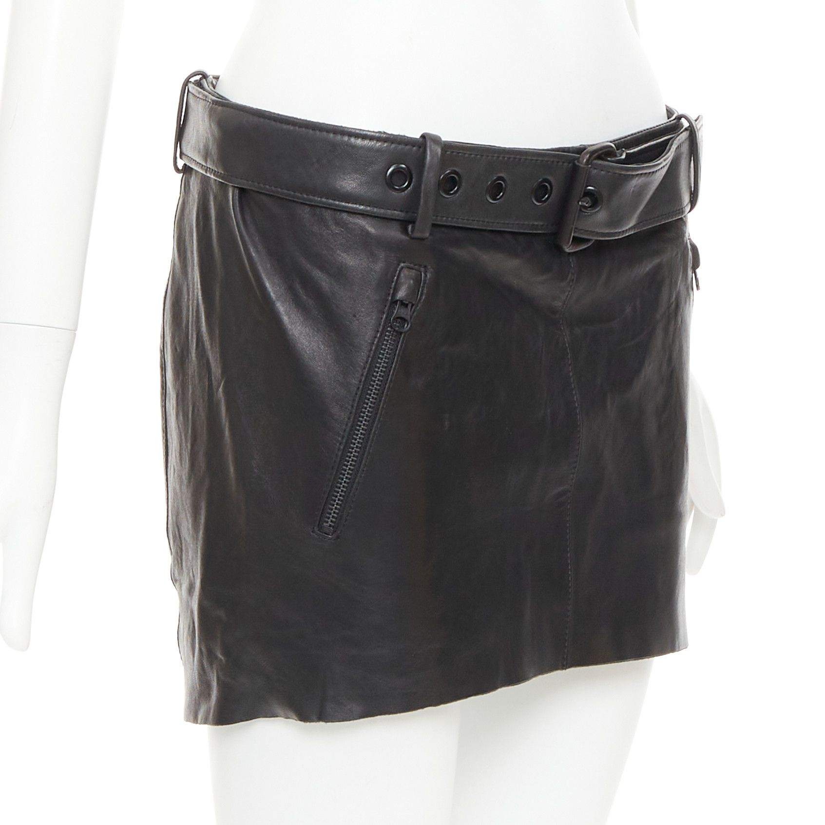Acne Studios ACNE STUDIOS 2011 Mimi black tumbled lamb leather biker asymmetric skirt FR36 S Size 27" / US 4 / IT 40 - 3 Thumbnail