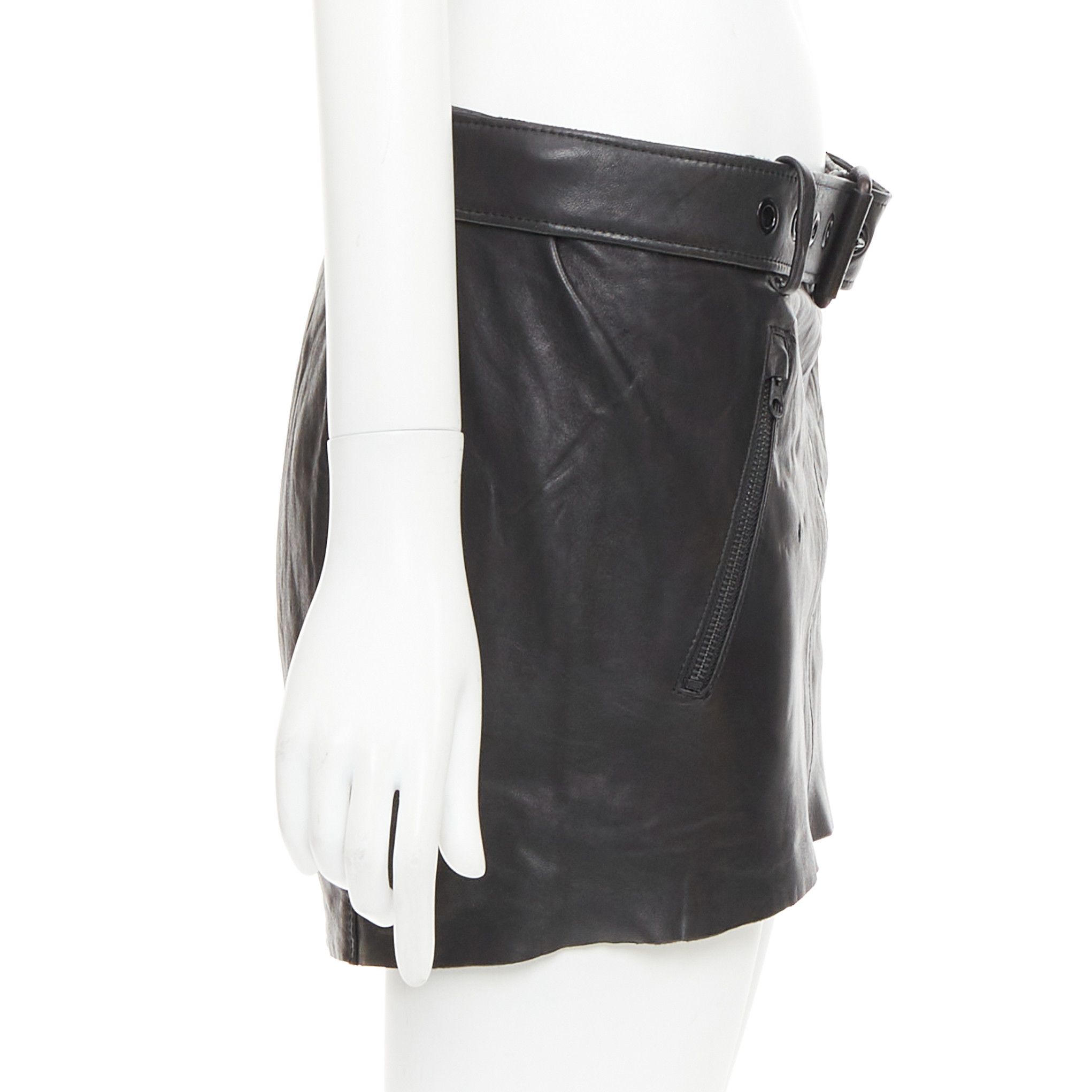 Acne Studios ACNE STUDIOS 2011 Mimi black tumbled lamb leather biker asymmetric skirt FR36 S Size 27" / US 4 / IT 40 - 4 Thumbnail