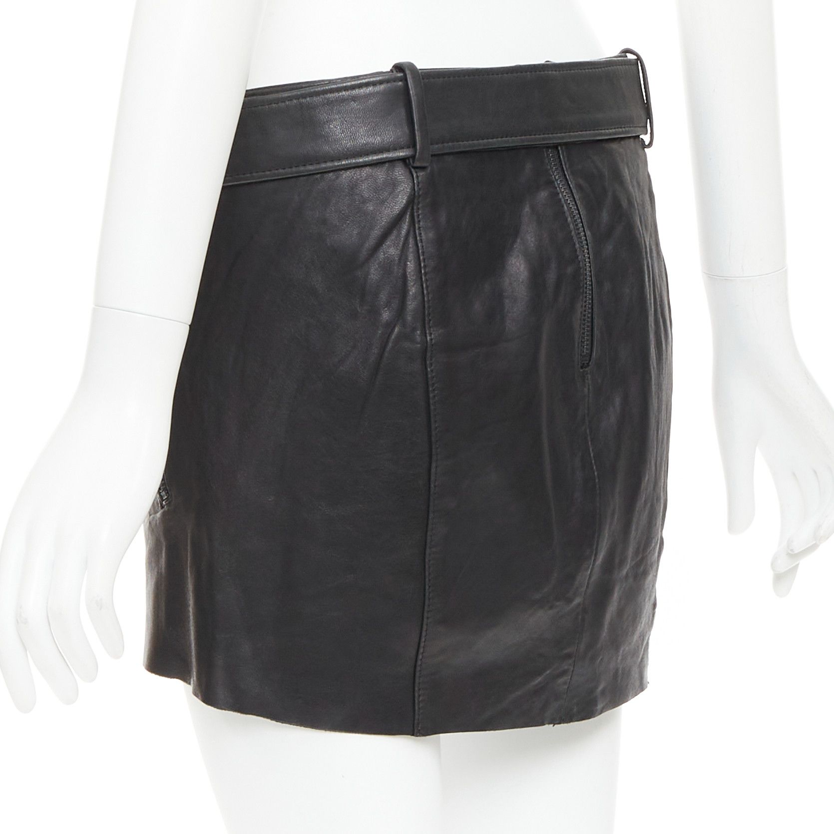 Acne Studios ACNE STUDIOS 2011 Mimi black tumbled lamb leather biker asymmetric skirt FR36 S Size 27" / US 4 / IT 40 - 6 Thumbnail