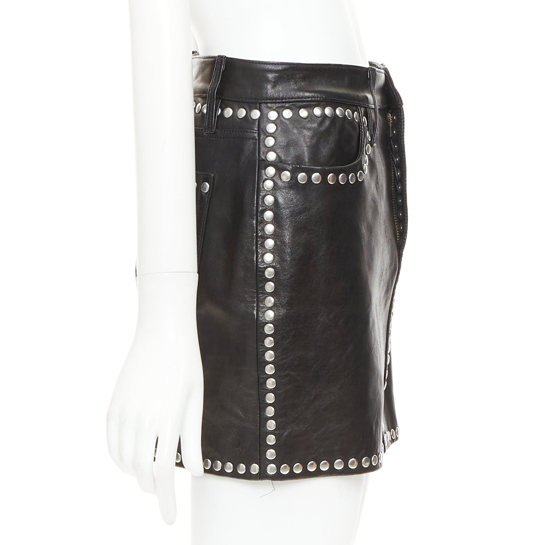 Frame FRAME black lambskin leather silver studded high waist mini skirt 25" Size 25" / US 0 / IT 36 - 4 Thumbnail