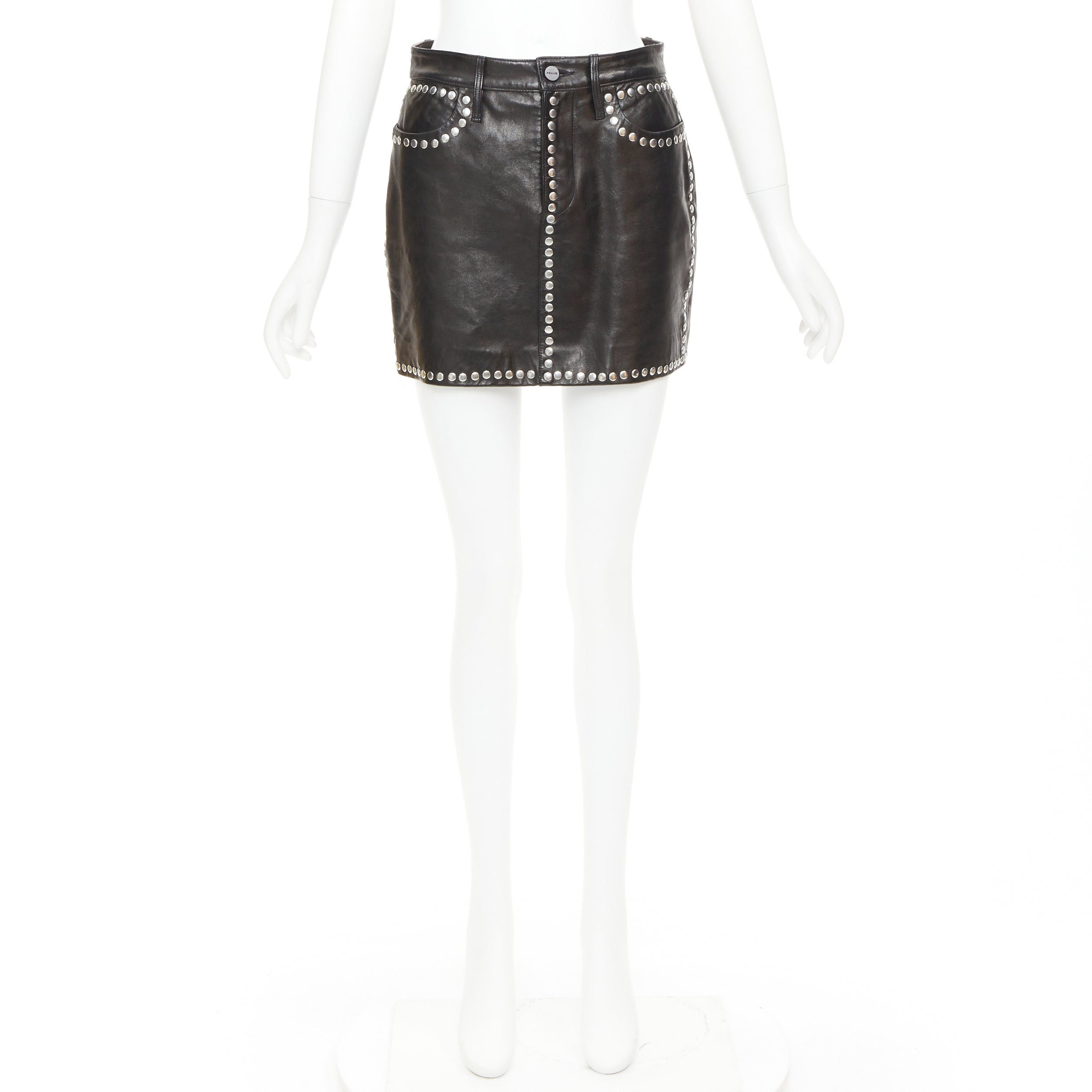 Frame FRAME black lambskin leather silver studded high waist mini skirt 25" Size 25" / US 0 / IT 36 - 9 Thumbnail