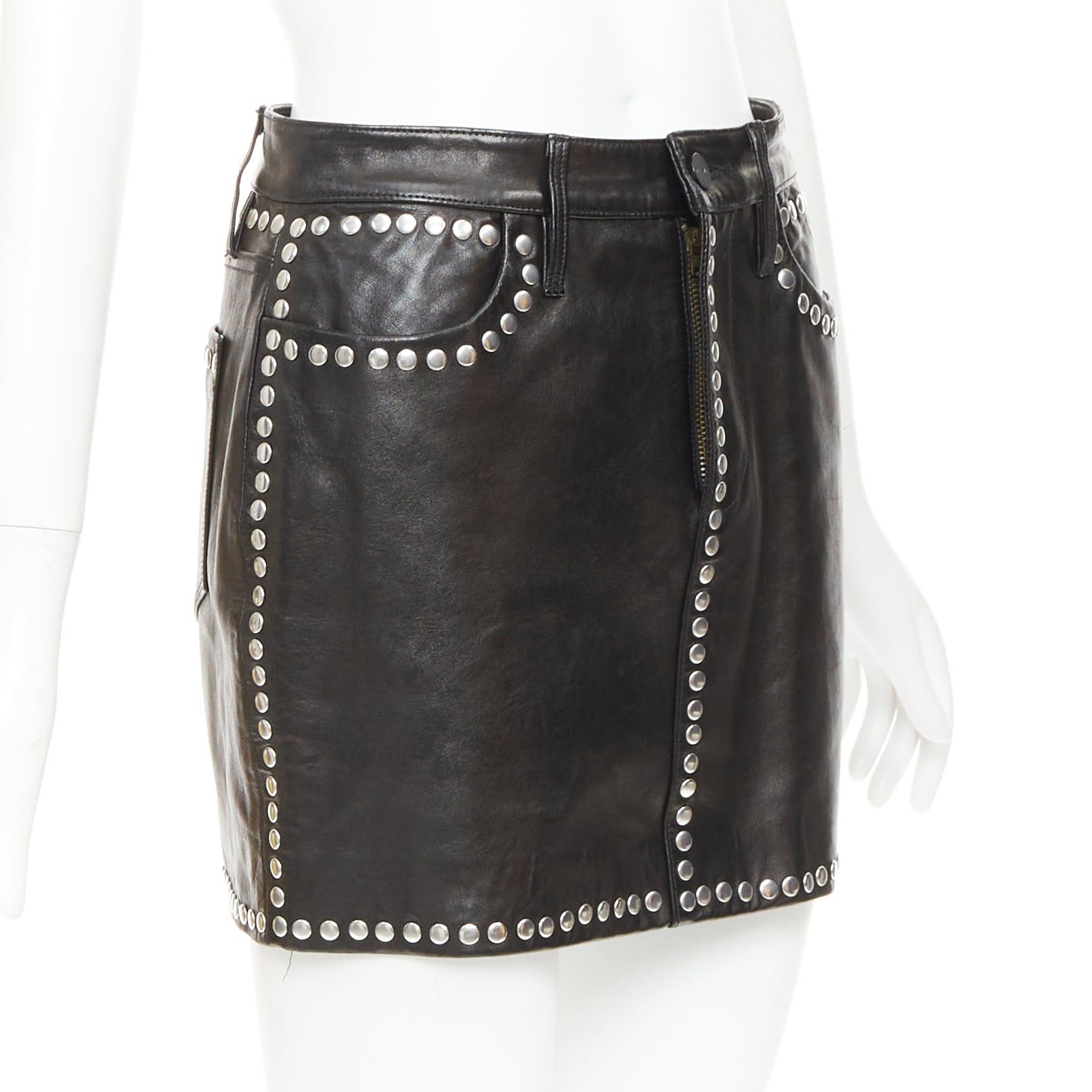 Frame FRAME black lambskin leather silver studded high waist mini skirt 25" Size 25" / US 0 / IT 36 - 3 Thumbnail