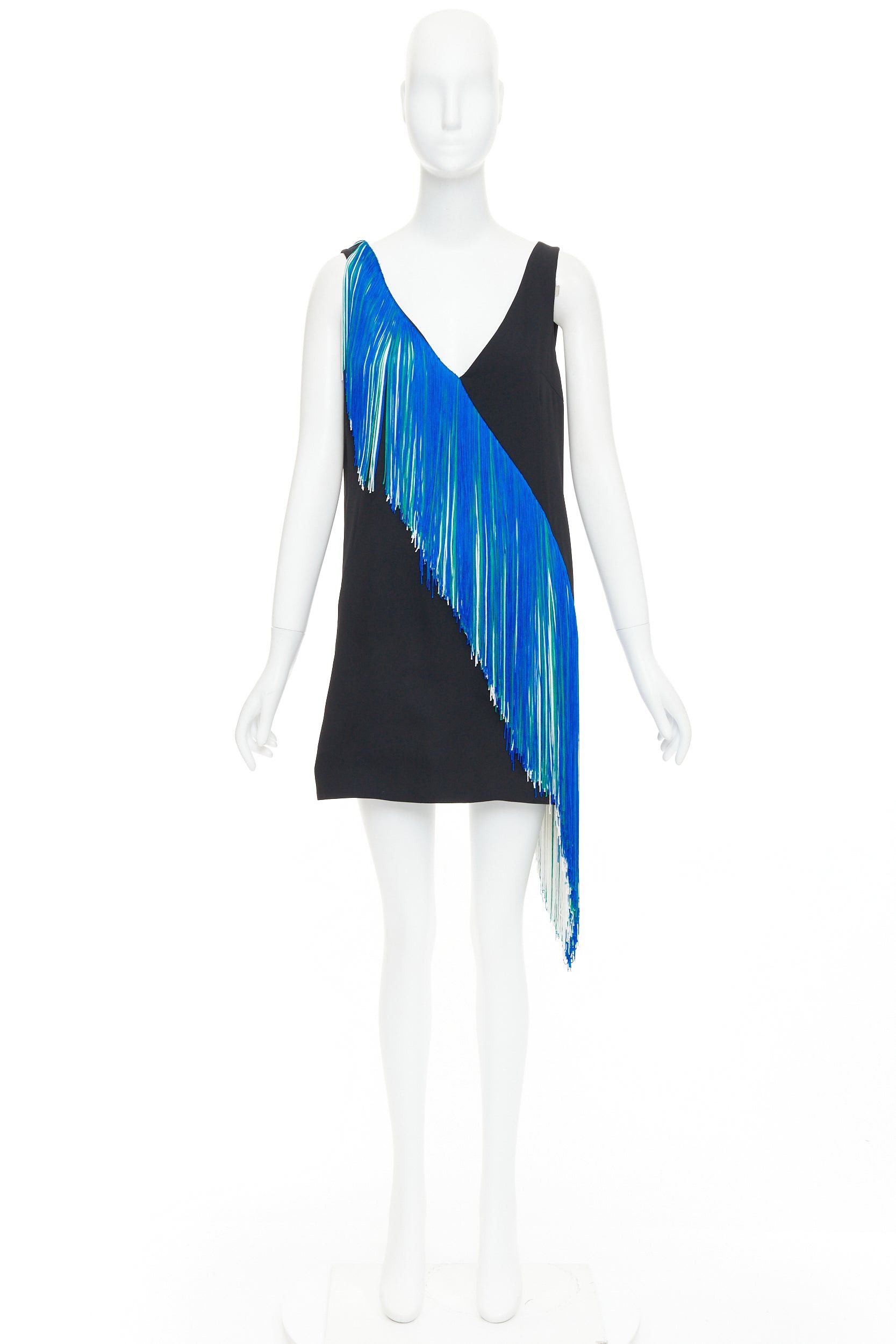 Christopher Kane CHRISTOPHER KANE 2016 Runway Asymmetric Fringing Strip blue green white fringe mini dress UK8 S Size S / US 4 / IT 40 - 9 Thumbnail