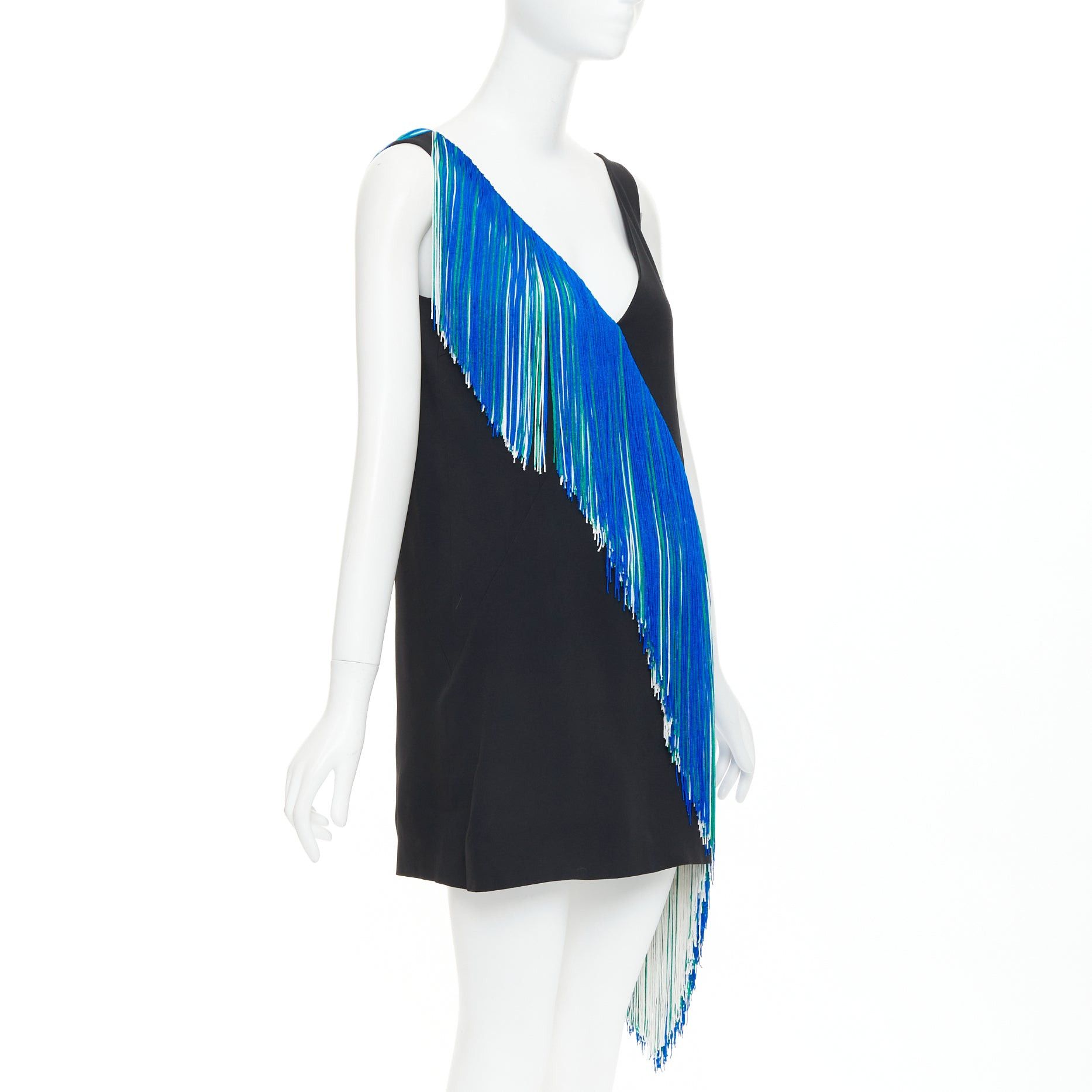 Christopher Kane CHRISTOPHER KANE 2016 Runway Asymmetric Fringing Strip blue green white fringe mini dress UK8 S Size S / US 4 / IT 40 - 3 Thumbnail