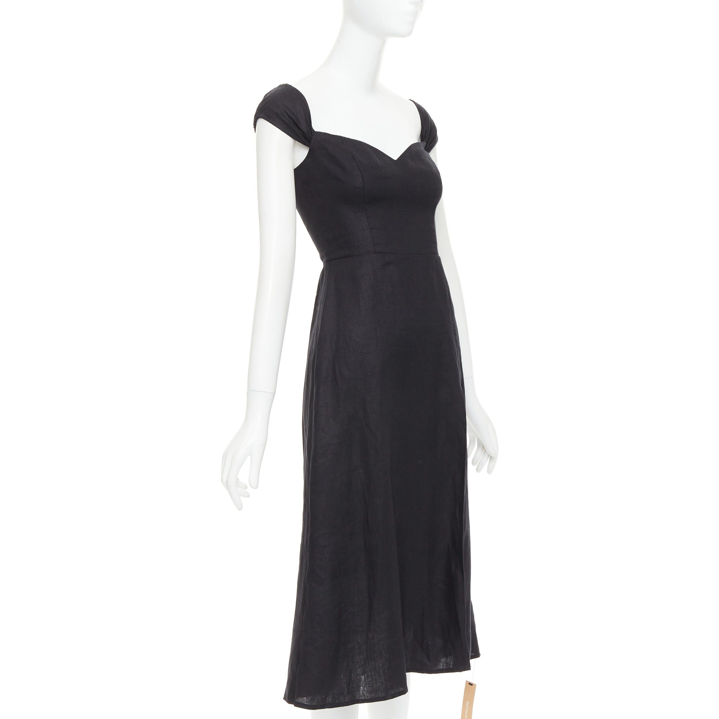 REFORMATION Bridgton black 100% linen cap sleeves sweetheart midi dress US2  S
