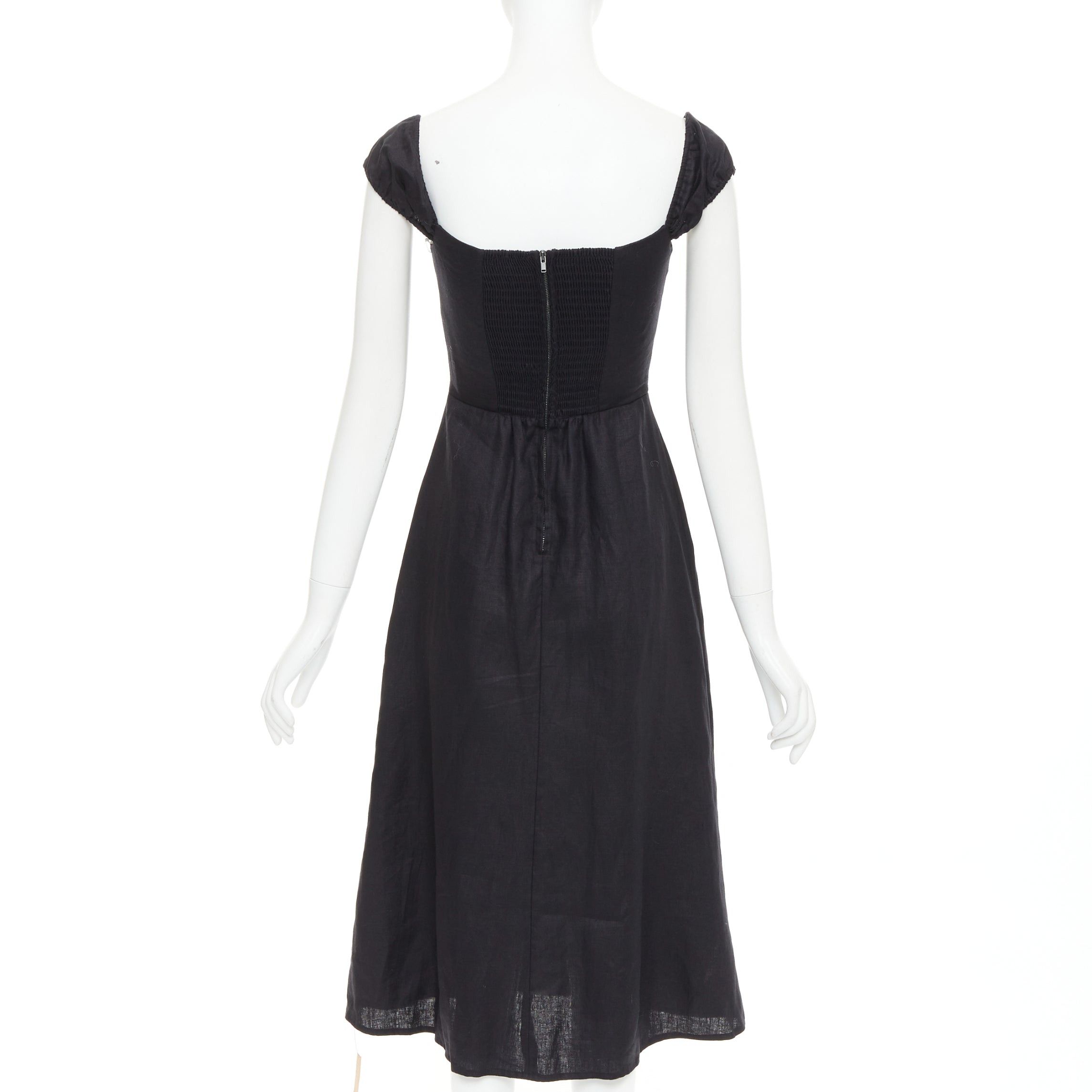 REFORMATION Bridgton black 100% linen cap sleeves sweetheart midi dress US2  S