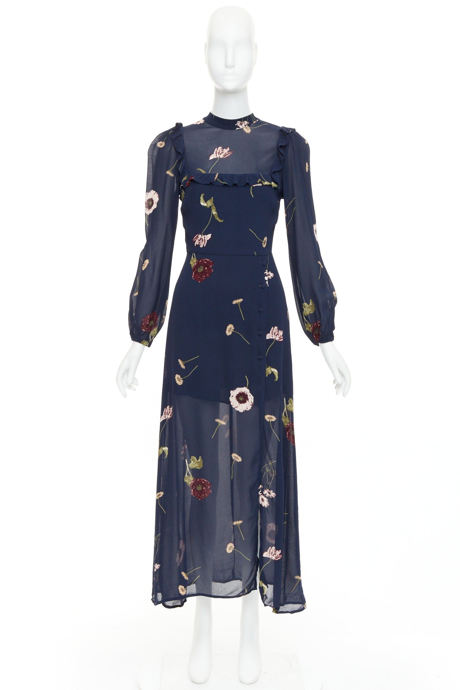 Reformation REFORMATION Gillian navy viscose floral print hi neck peasant dress US2 S Size S / US 4 / IT 40 - 9 Thumbnail