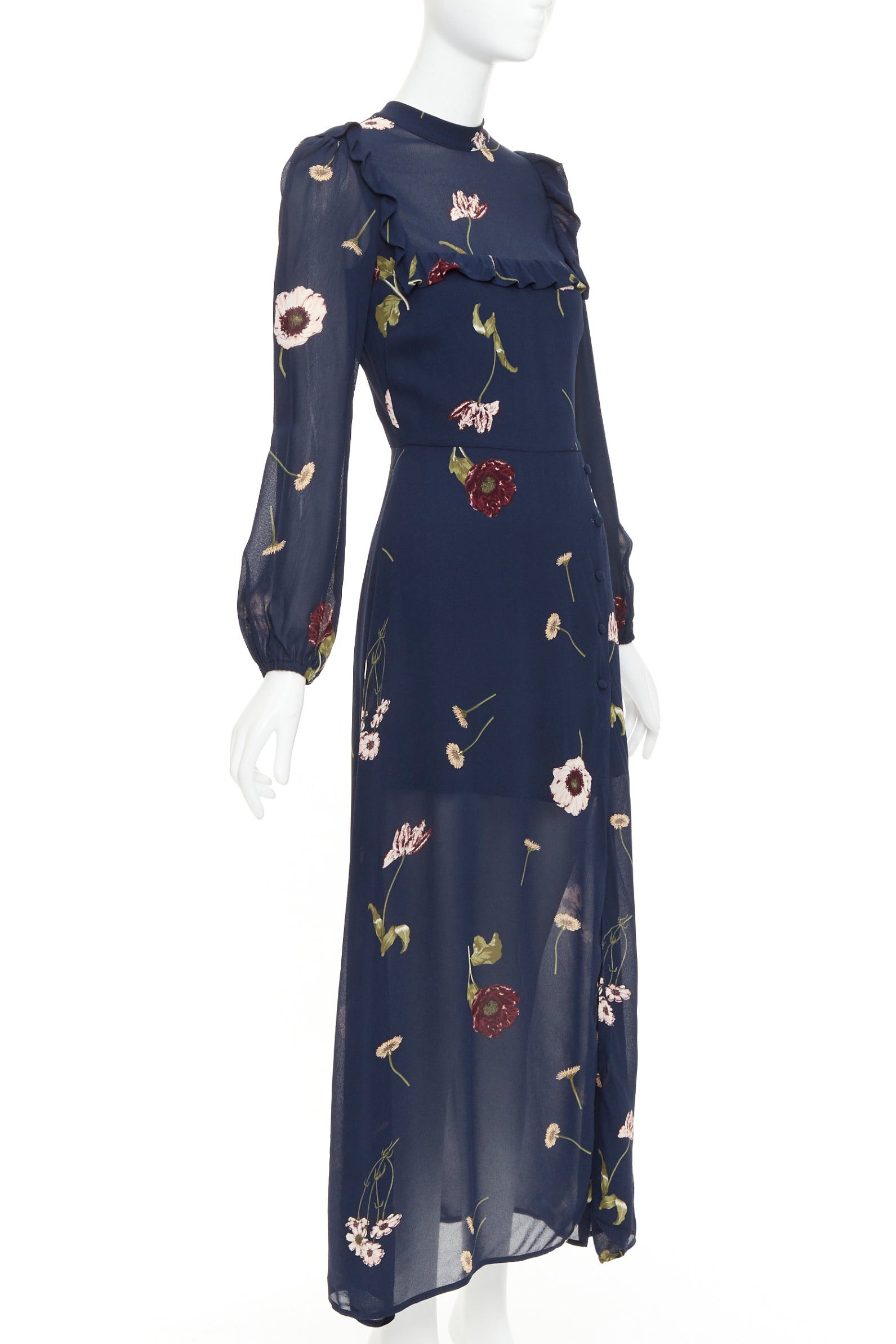 Reformation REFORMATION Gillian navy viscose floral print hi neck peasant dress US2 S Size S / US 4 / IT 40 - 3 Thumbnail