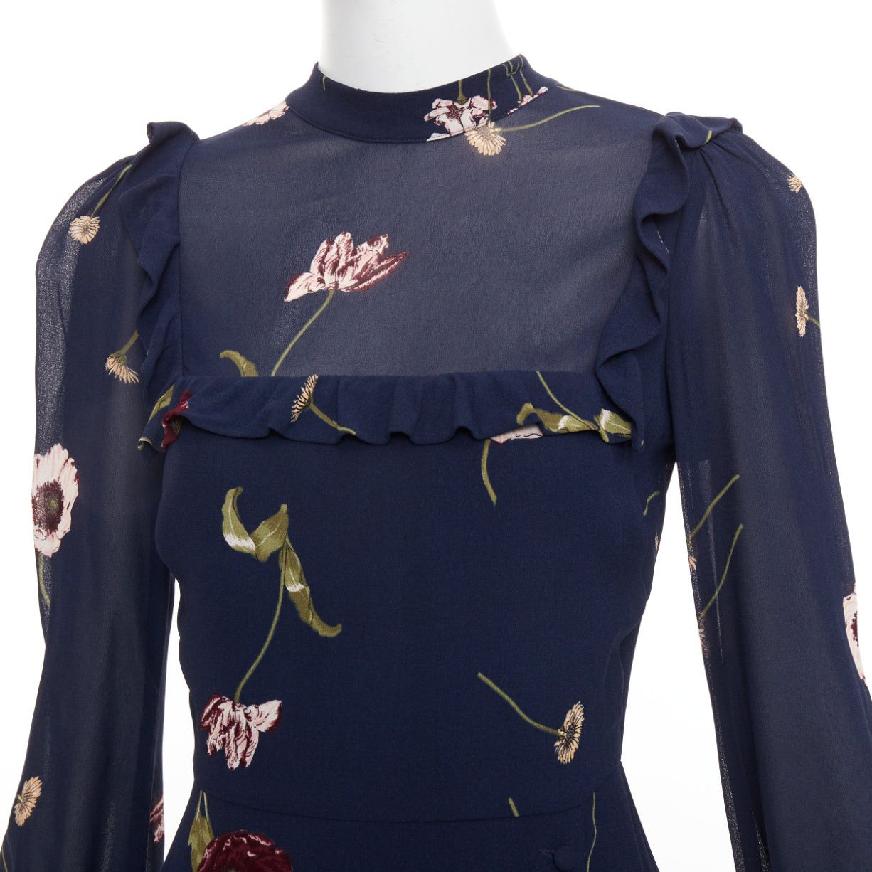 Reformation REFORMATION Gillian navy viscose floral print hi neck peasant dress US2 S Size S / US 4 / IT 40 - 2 Thumbnail