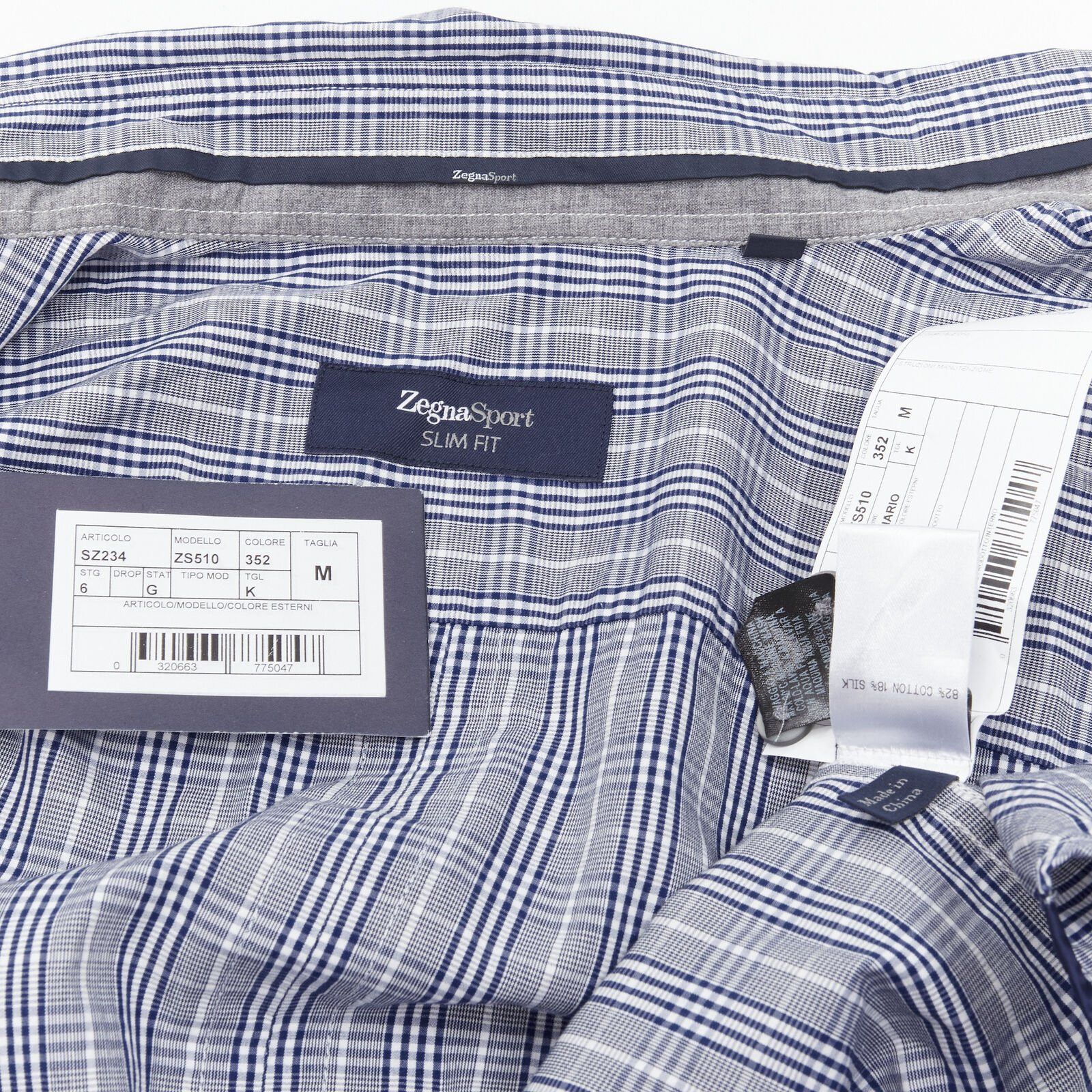 Ermenegildo Zegna new ERMENEGILDO ZEGNA SPORT cotton silk grey blue white check slim fit shirt M Size US M / EU 48-50 / 2 - 7 Thumbnail