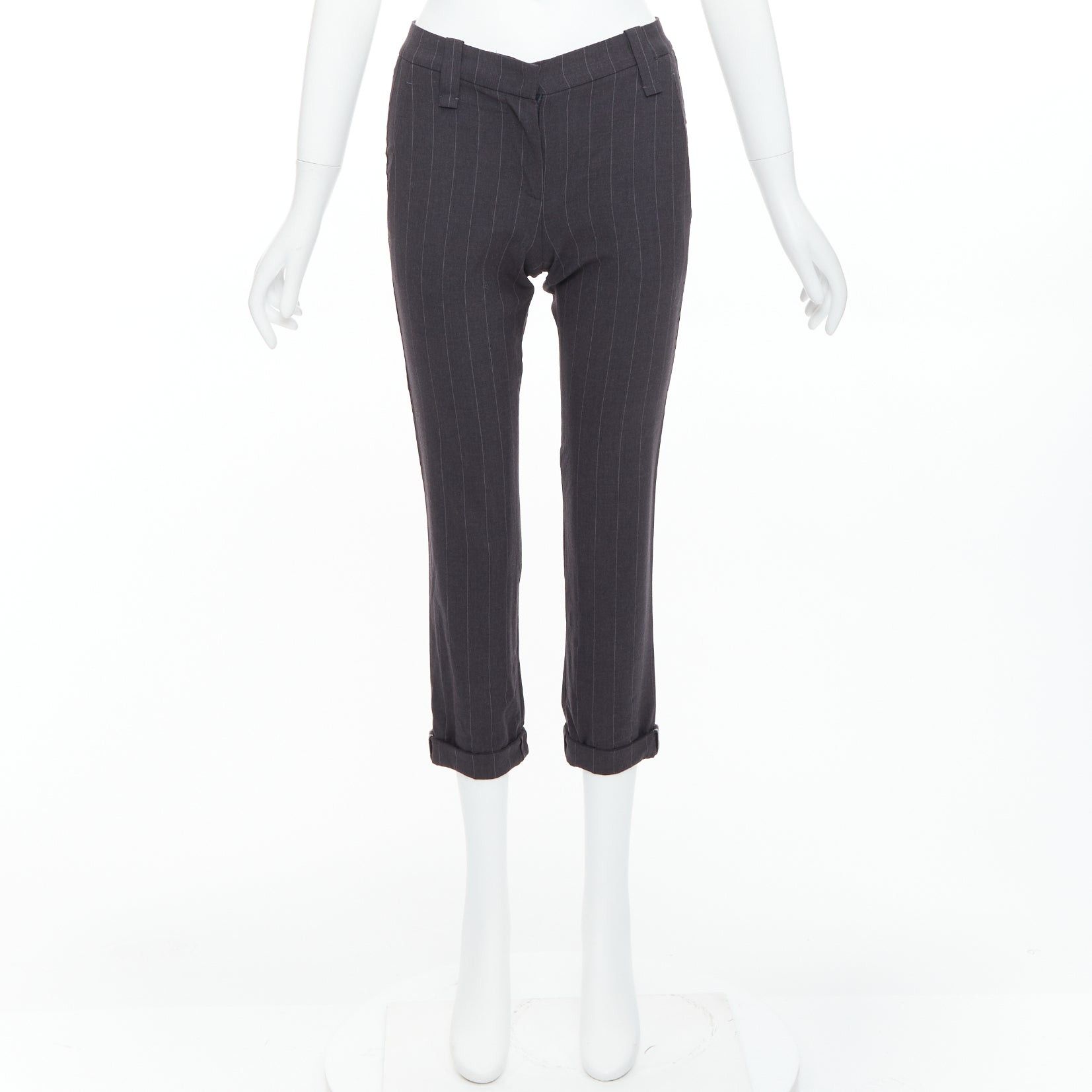 Brunello Cucinelli BRUNELLO CUCINELLI grey virgin wool blend pinstripe cuffed crop trousers IT38 XS Size 26" / US 2 / IT 38 - 9 Thumbnail